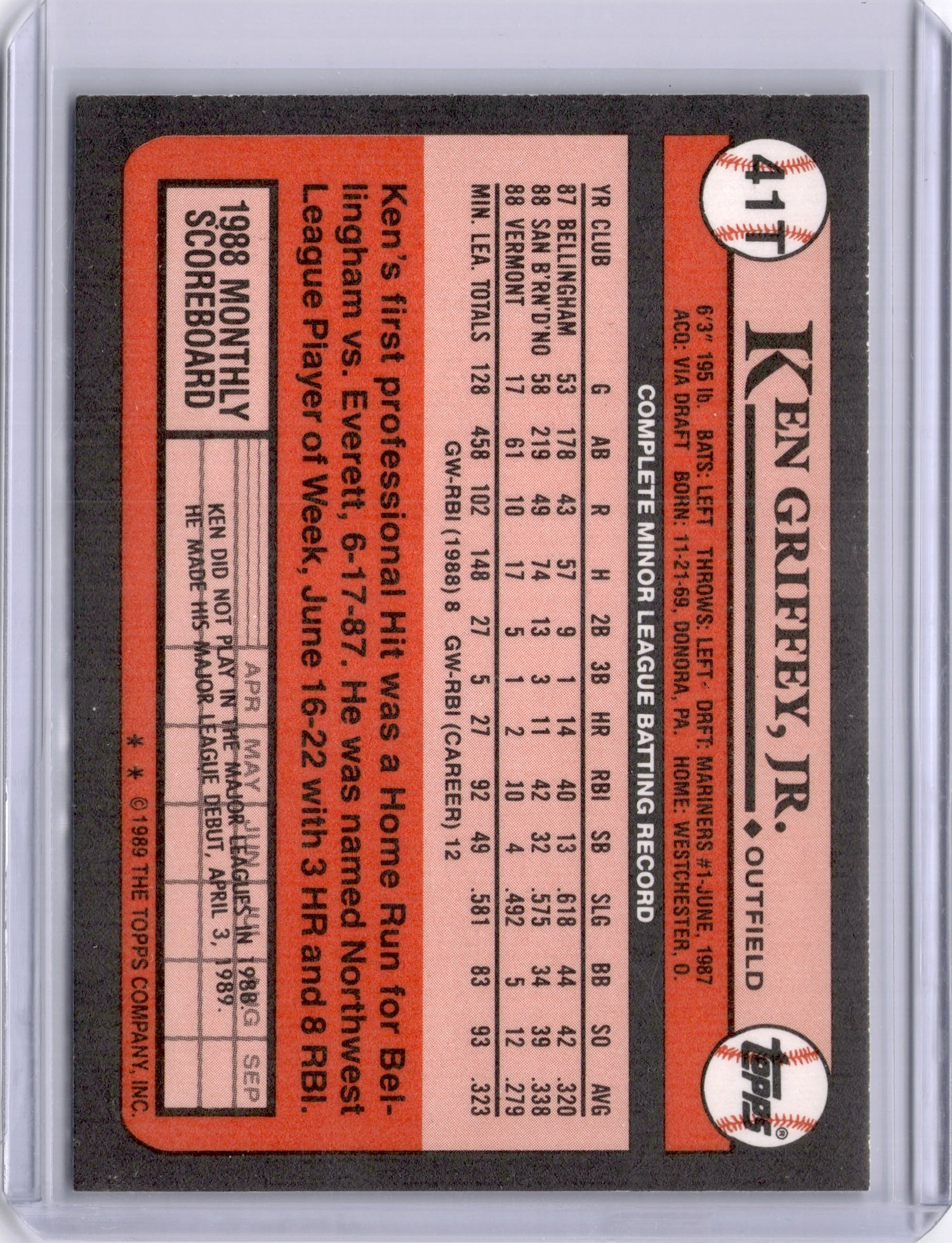 Ken Griffey Jr 1989 Topps Traded Rookie RC Mariners HOF