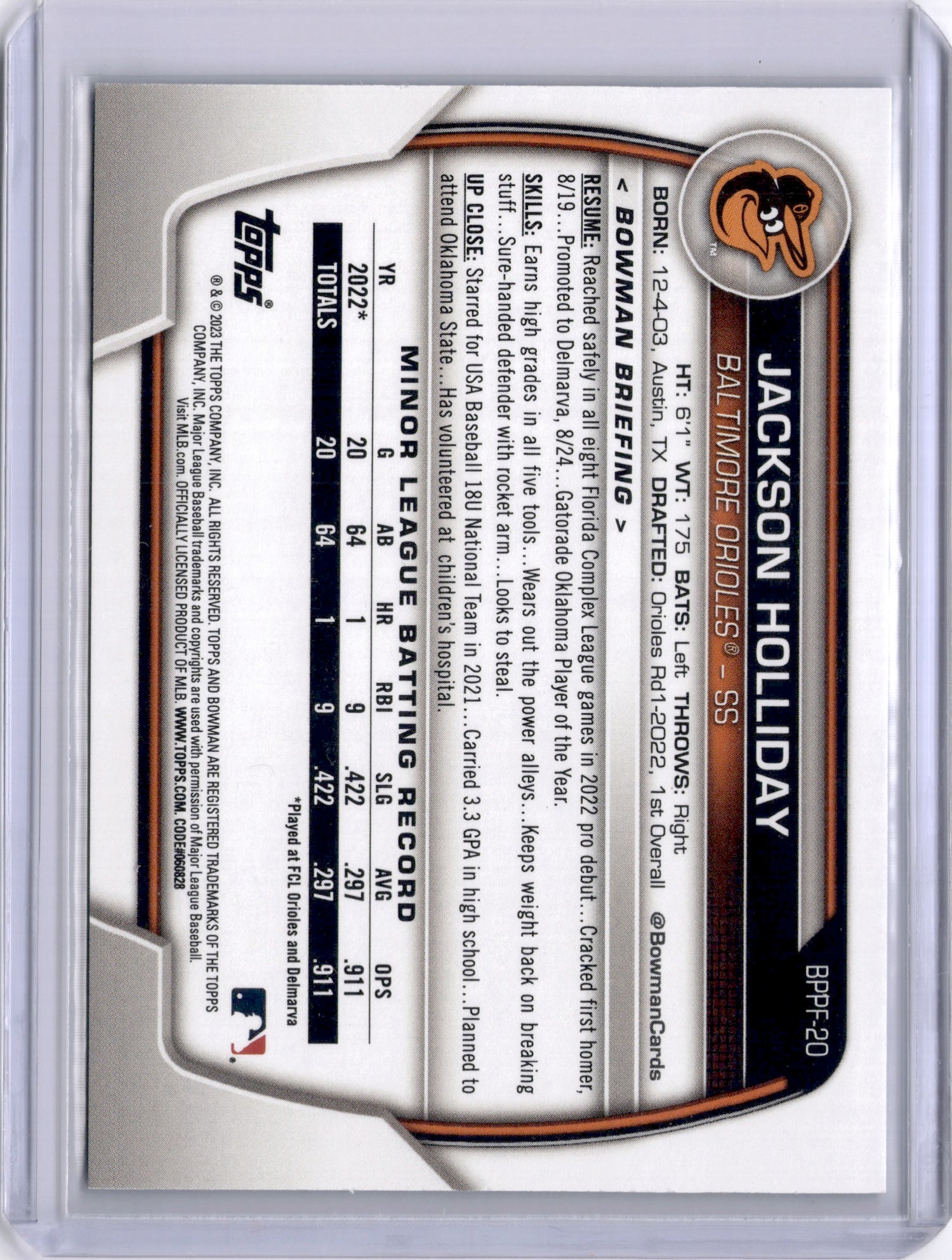 Jackson Holliday 2023 Bowman 1st Edition Blue Paper /150 Orioles