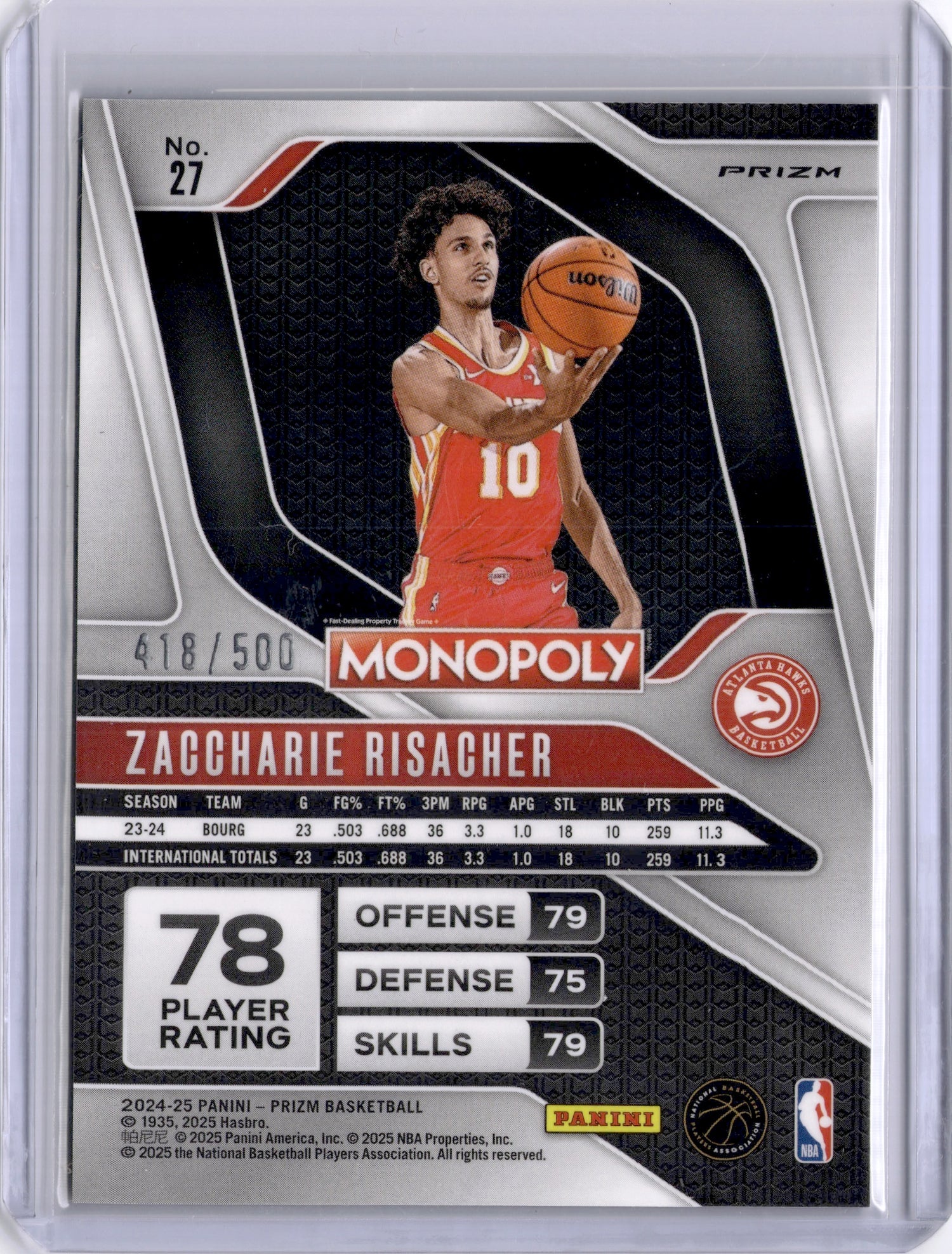 Zaccharie Risacher 2025 Panini Prizm Monopoly Gold Shimmer Rookie RC /500 Hawks