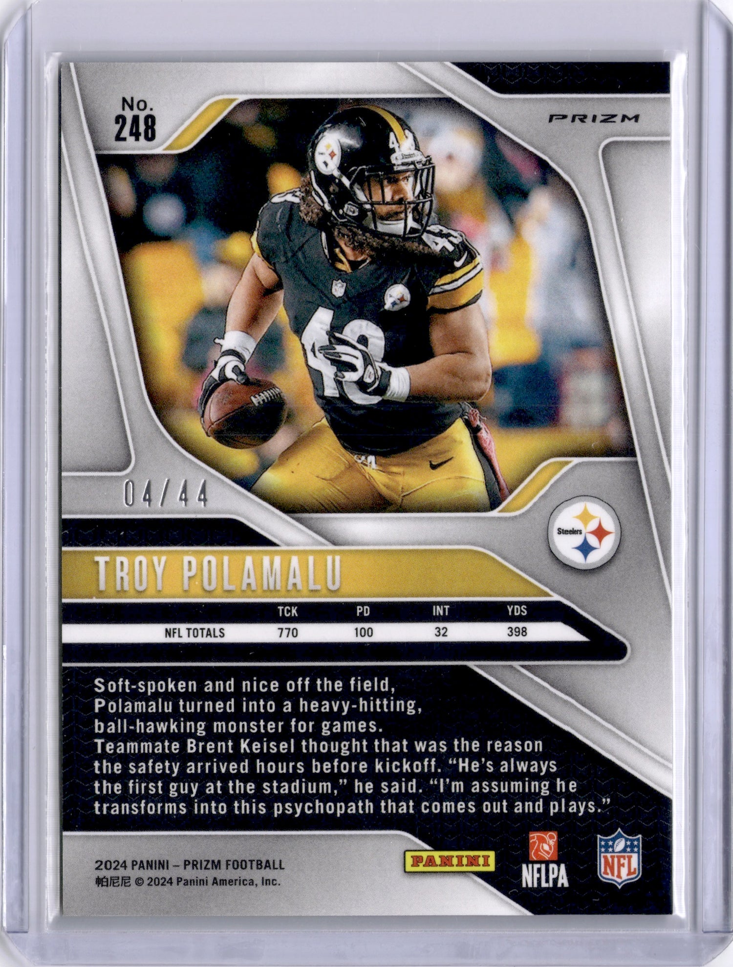 Troy Polamalu 2024 Panini Prizm Red and Yellow /44 Steelers HOF