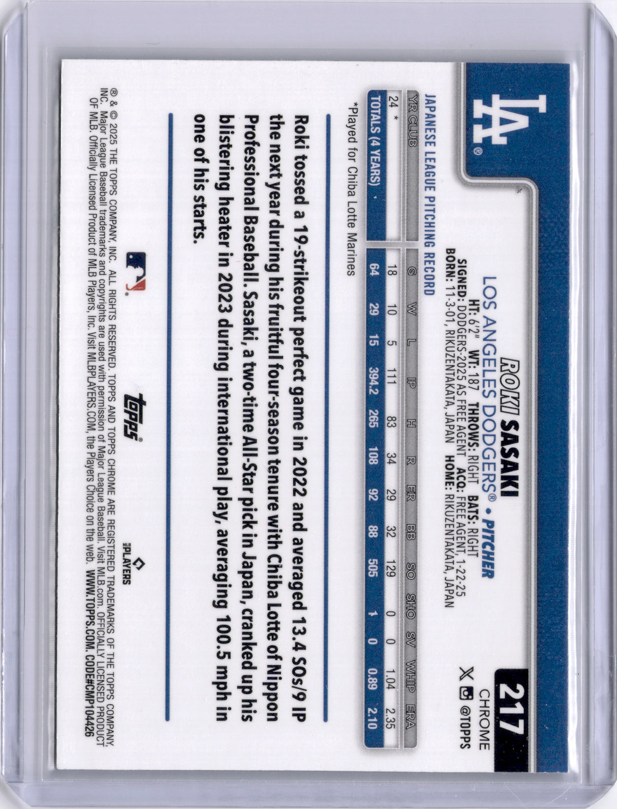 Roki Sasaki 2025 Topps Chrome Negative Refractor Rookie RC Dodgers
