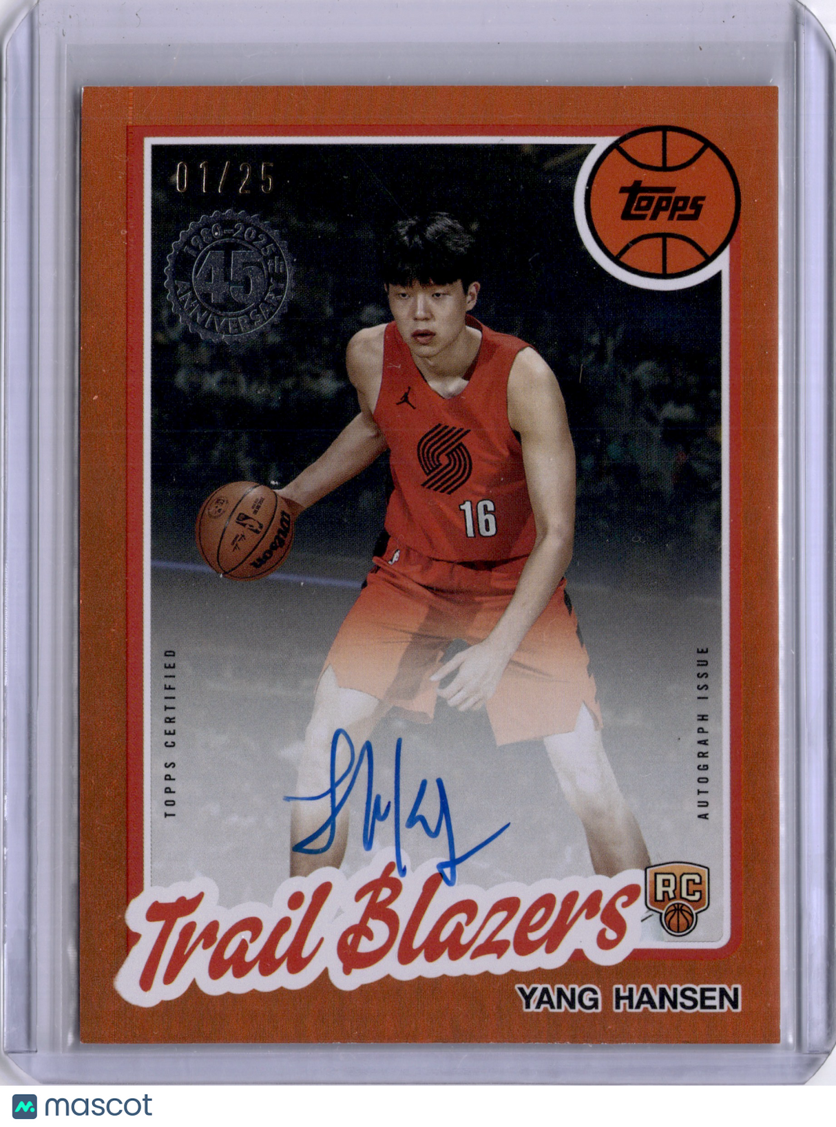Yang Hansen 2025-26 Topps 01/25 Orange Rookie RC On Card Auto 45th Anniversary