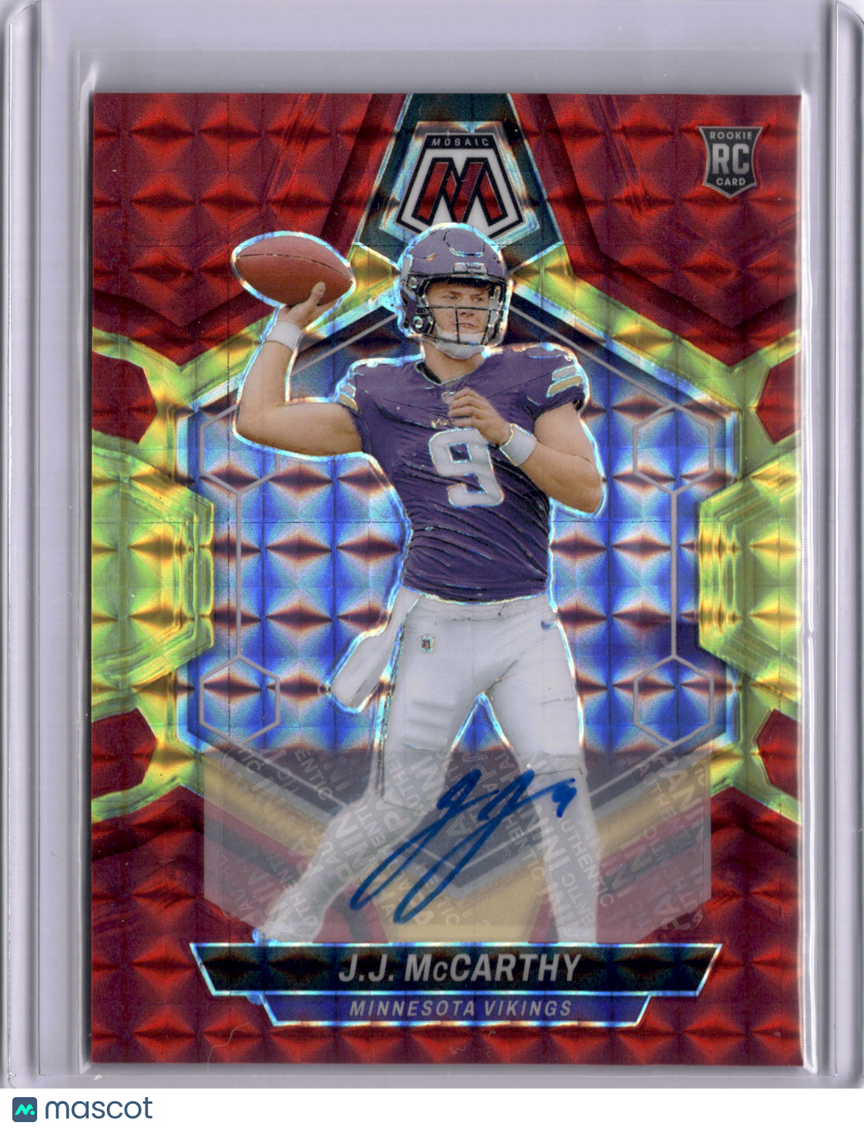JJ McCarthy 2024 Panini Mosaic Choice Fusion Red & Yellow Rookie RC Auto Vikings