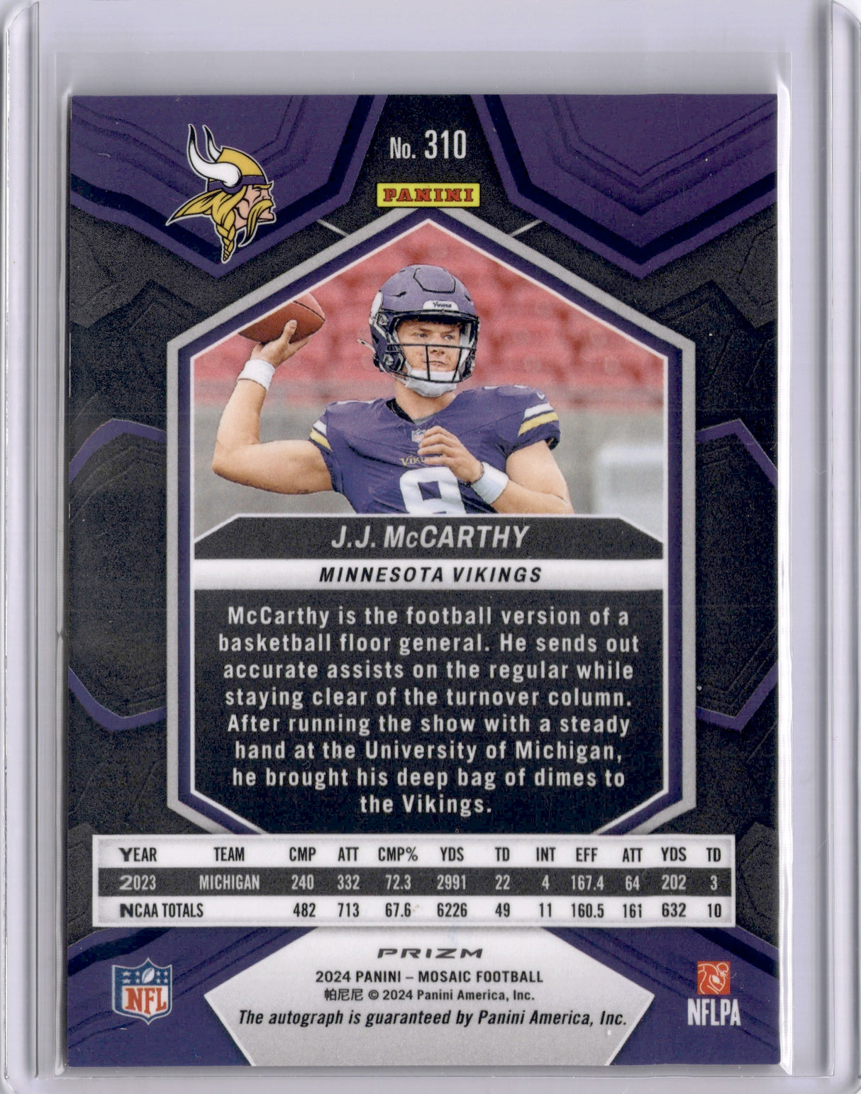 JJ McCarthy 2024 Panini Mosaic Choice Fusion Red & Yellow Rookie RC Auto Vikings