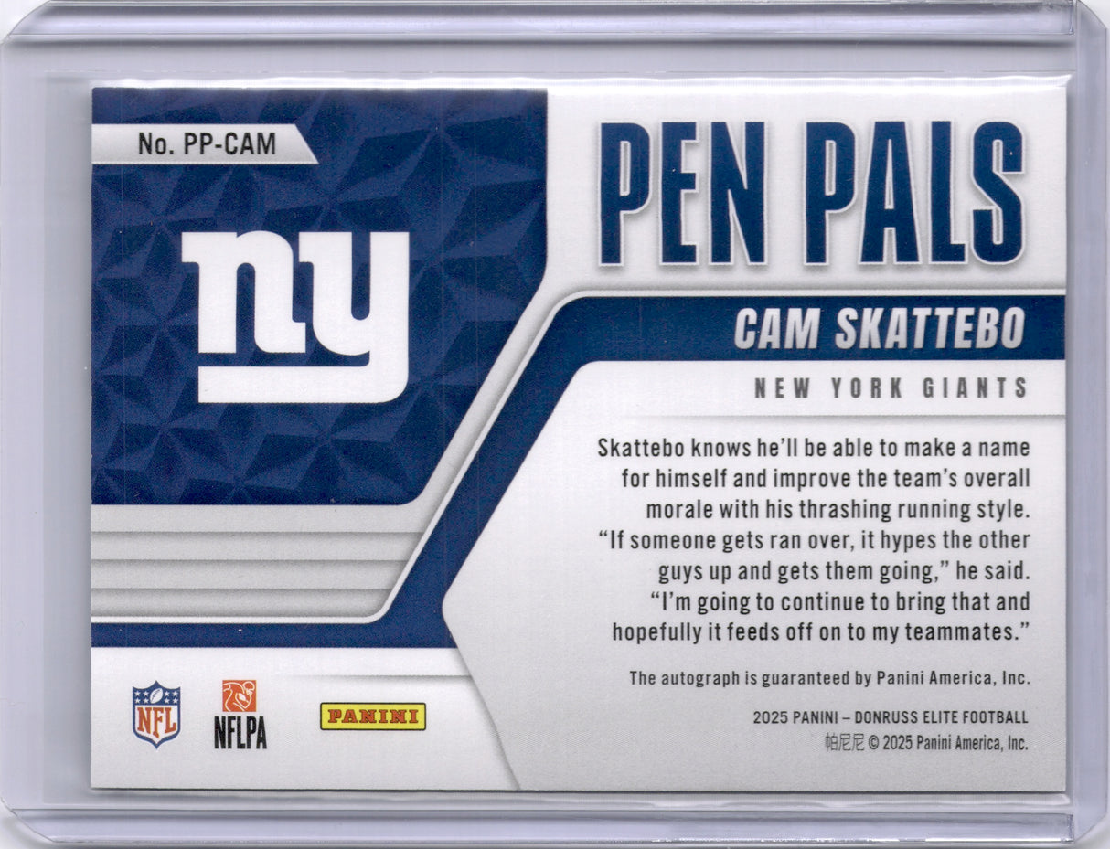 Cam Skattebo 2025 Panini Donruss Elite Pen Pals Rookie RC Black Ink On Card Auto
