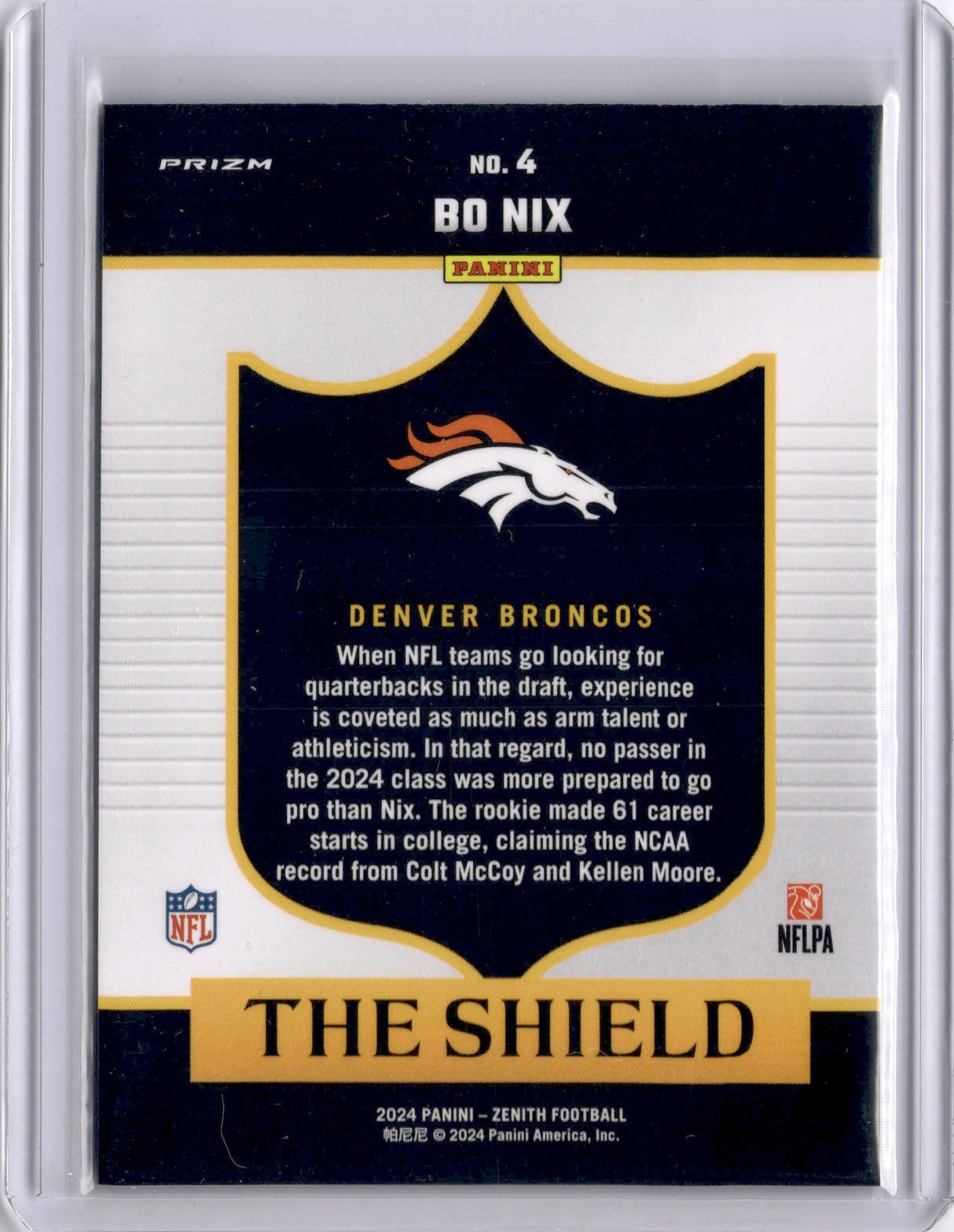 Bo Nix 2024 Panini Zenith The Shield Rookie RC Broncos Case Hit