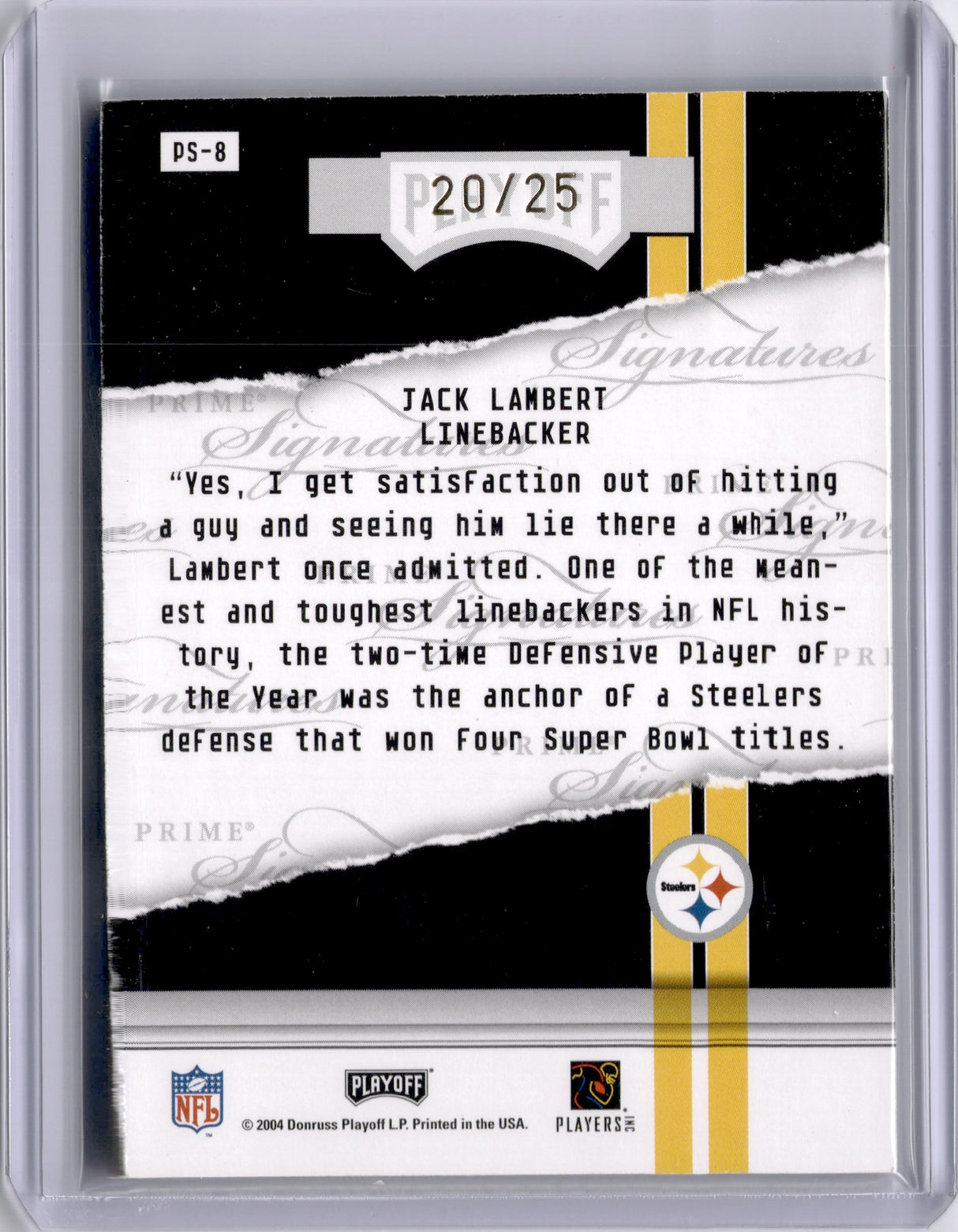 Jack Lambert 2004 Playoff Honors Prime Signatures /25 Auto Steelers HOF