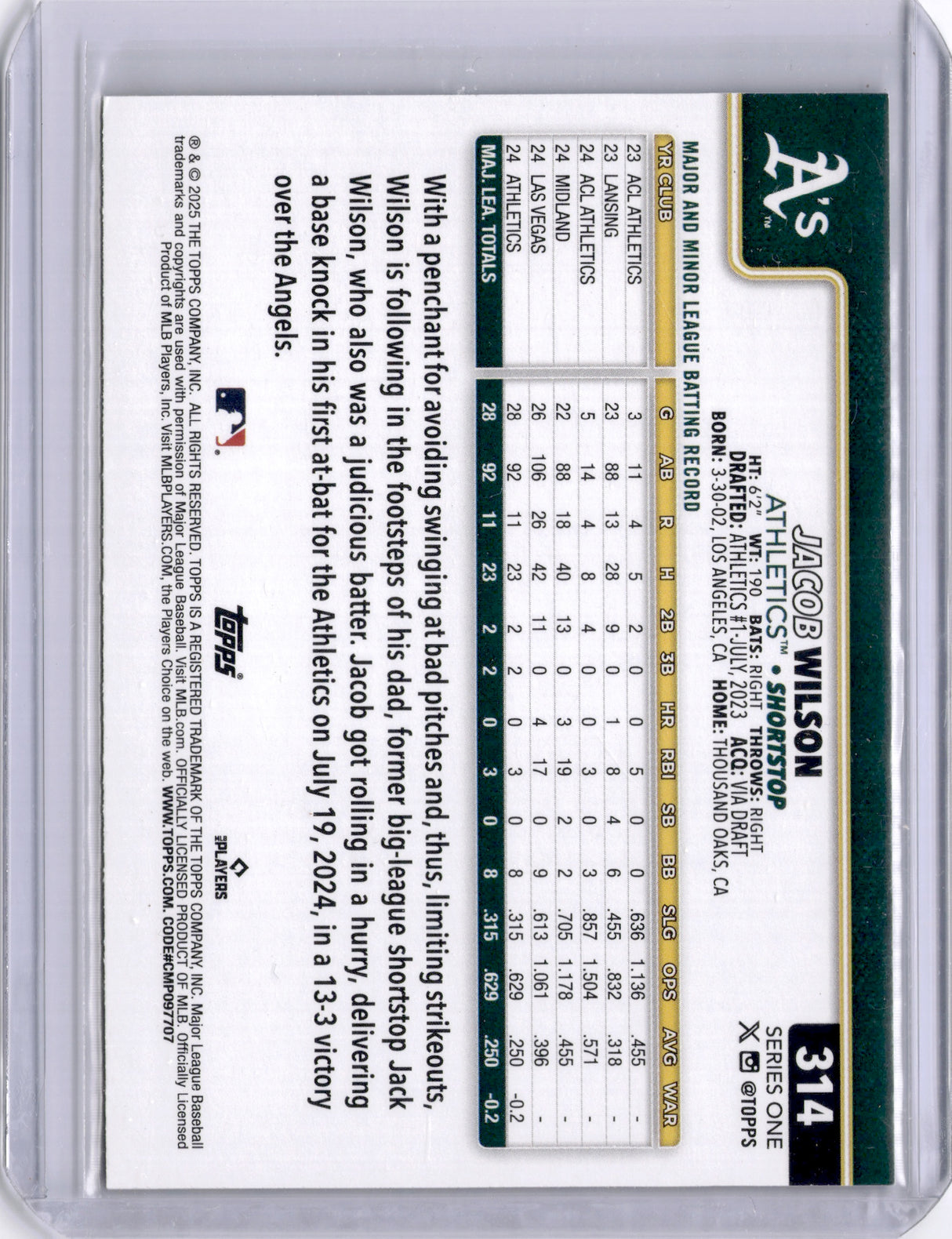 Jacob Wilson 2025 Topps Team Logo Border Rookie RC A's SP