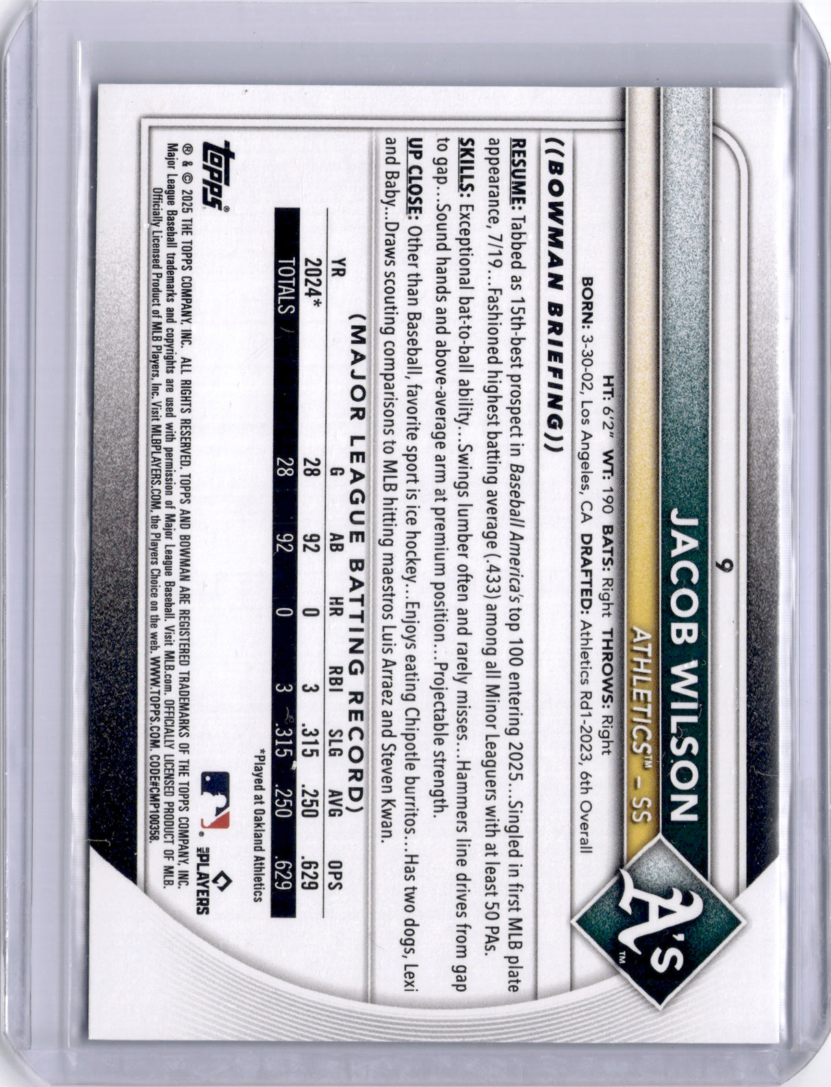 Jacob Wilson 2025 Bowman Blue Pattern /125 Rookie RC