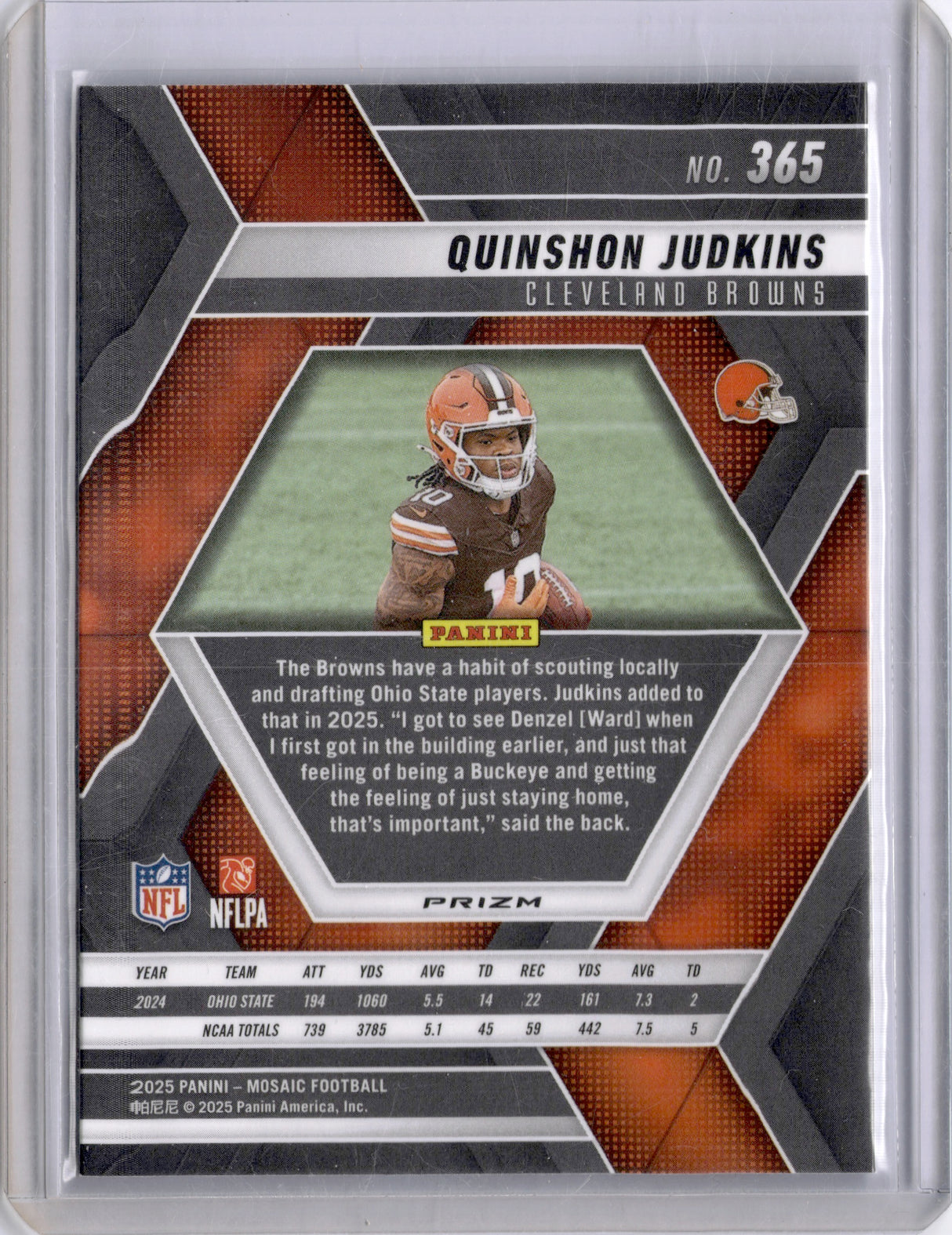 Quinshon Judkins 2025 Panini Mosaic Red White Candy Stripe Rookie RC Browns