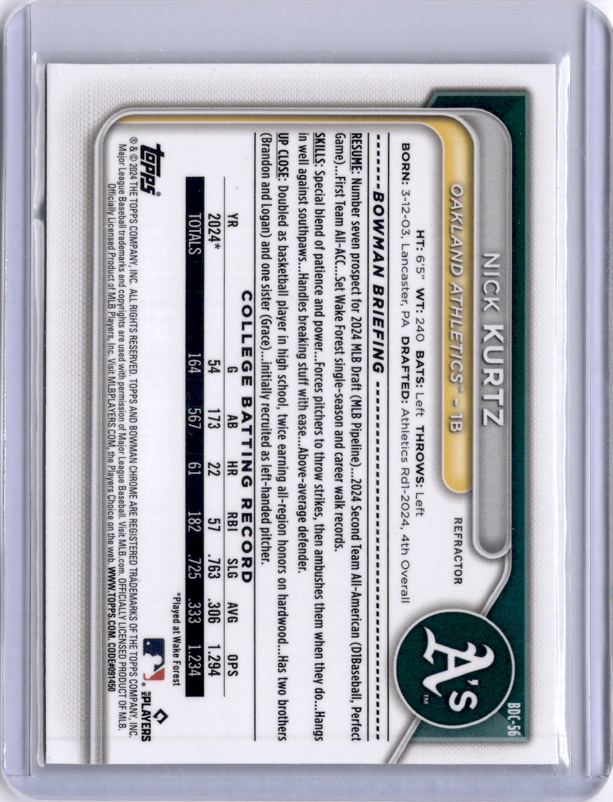 Nick Kurtz 2024 Topps Bowman Draft Chrome 1st Refractor A's