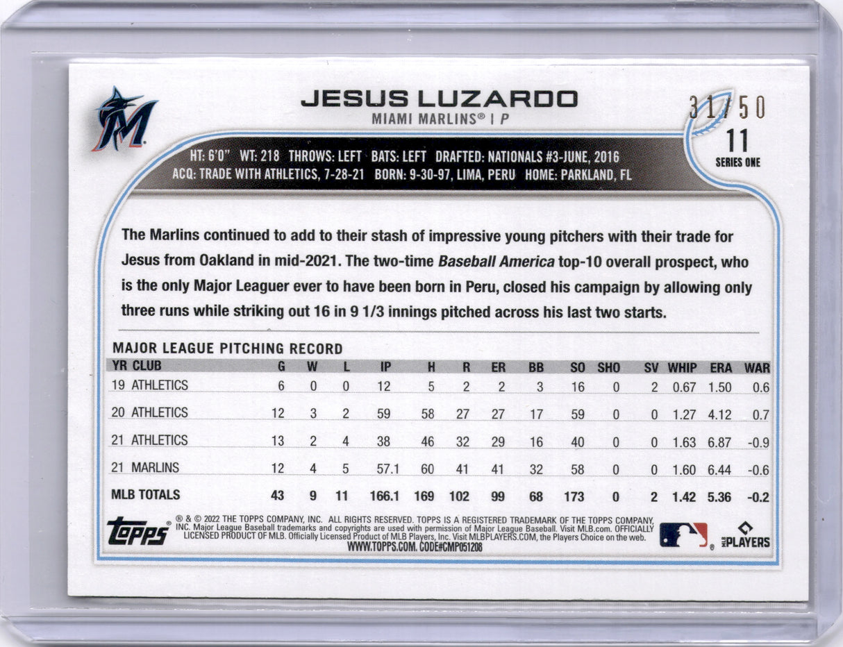 Jesus Luzardo 2022 Topps Series 1 1st Edition Red Foil 31/50 Marlins