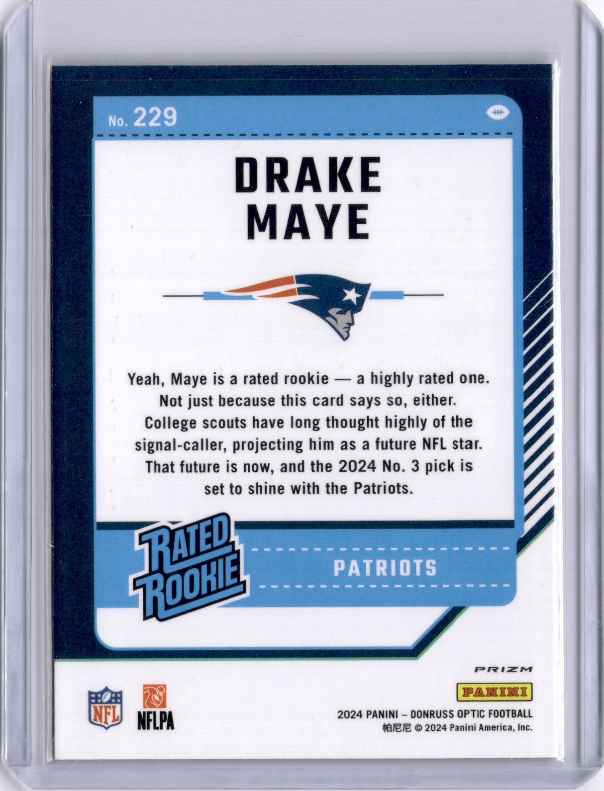 Drake Maye 2024 Panini Donruss Optic Holo Rookie RC Patriots