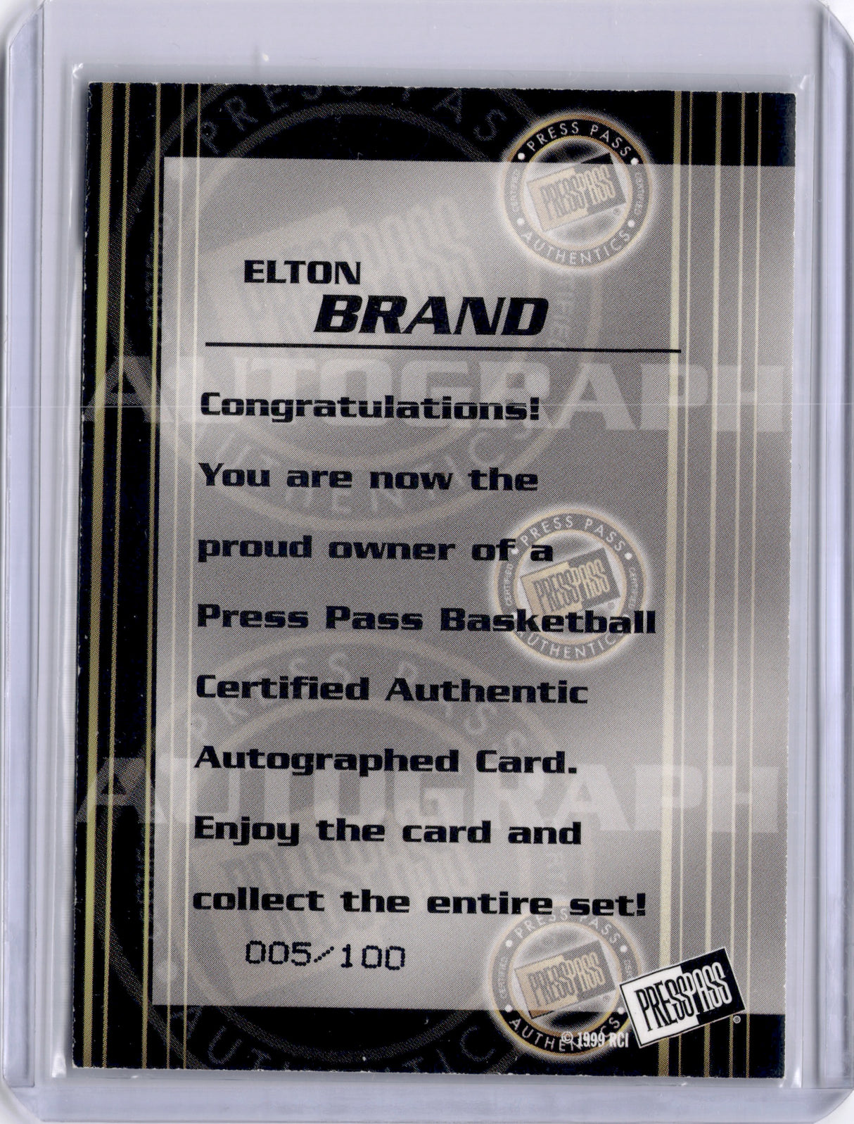 Elton Brand 1999 Press Pass Autographs /100 Duke Auto