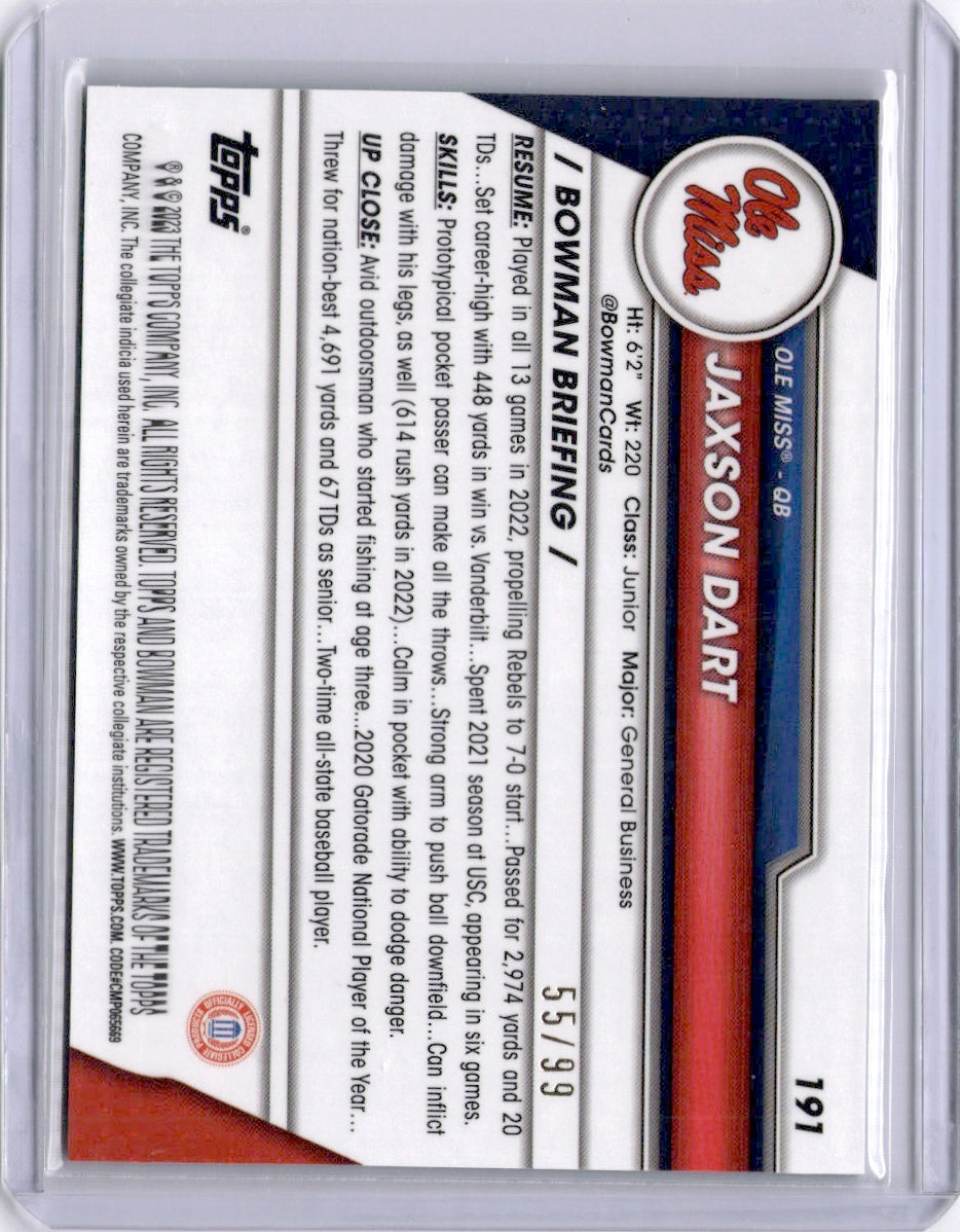 Jaxson Dart 2022 Bowman U Chrome Green /99 Ole Miss Giants