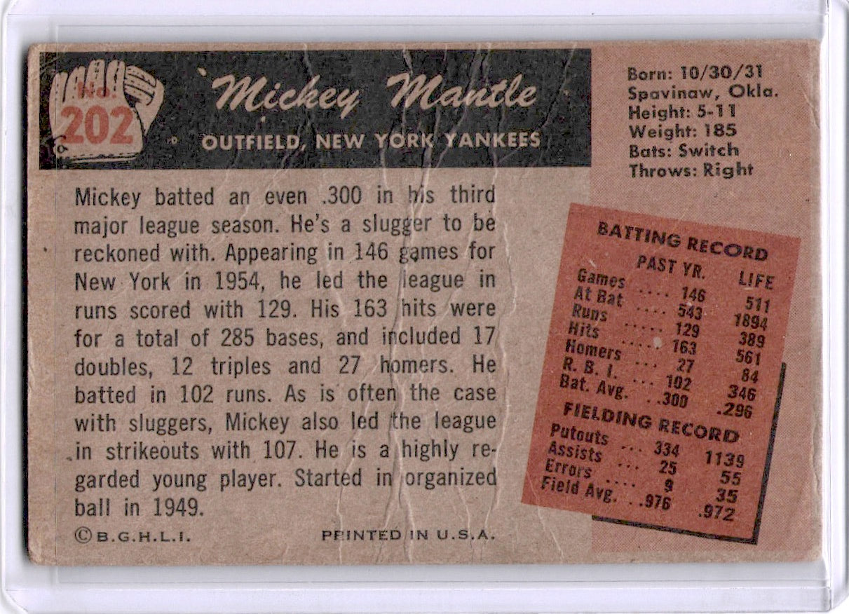 Mickey Mantle 1955 Bowman #202 New York Yankees HOF *Crease*