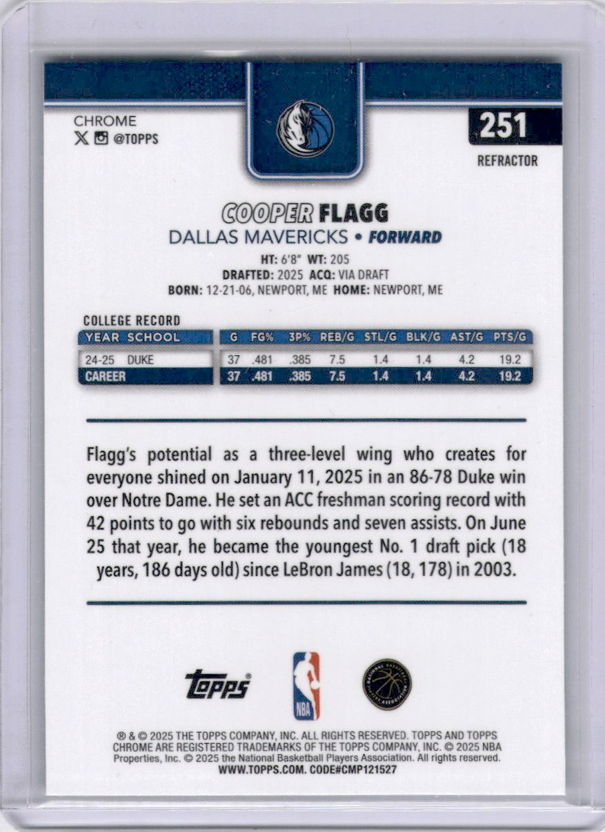 Cooper Flagg 2025-26 Topps Chrome Refractor Rookie RC Mavericks