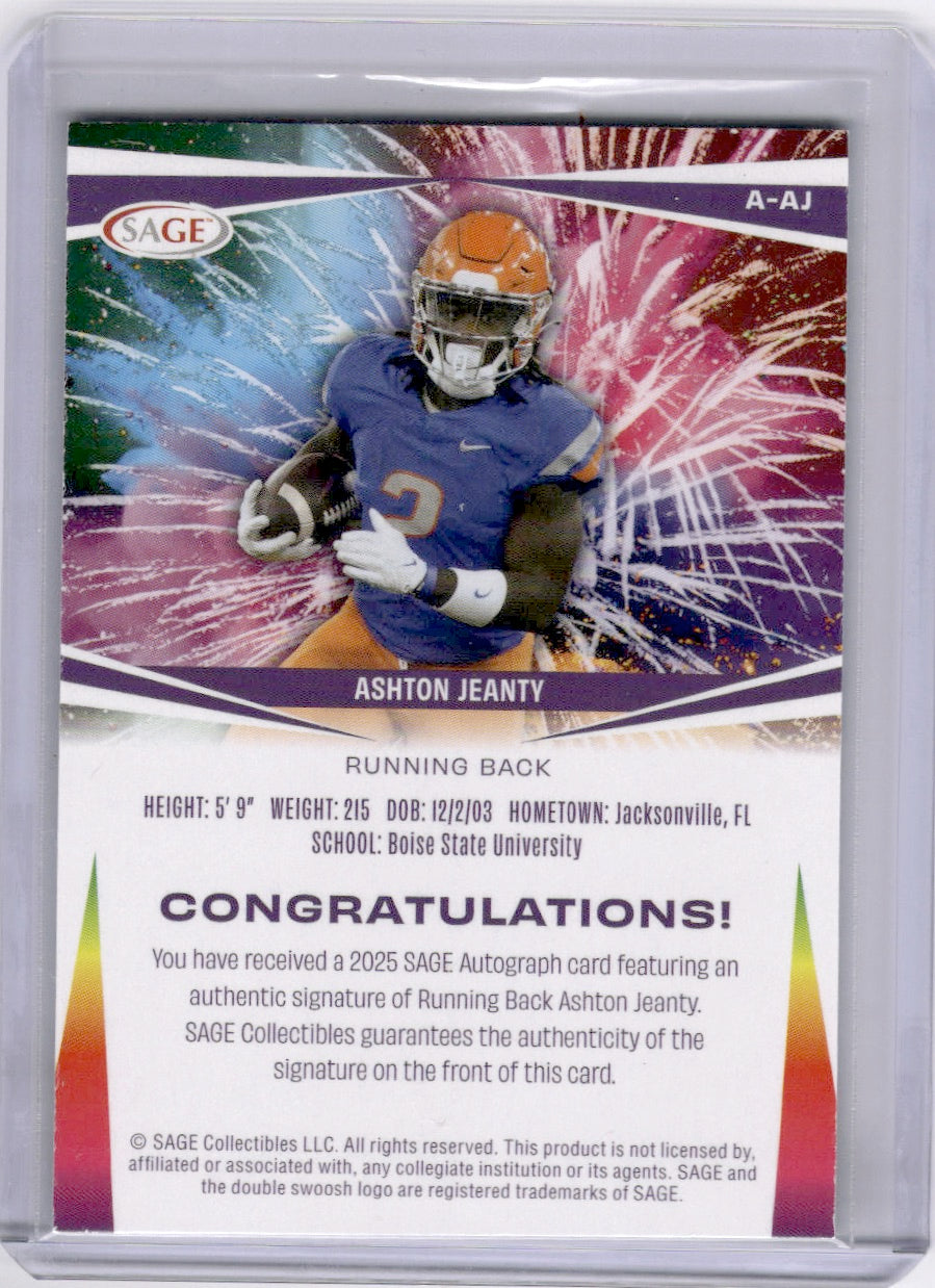 Ashton Jeanty 2025 SAGE Autograph 98/100 Boise St Raiders
