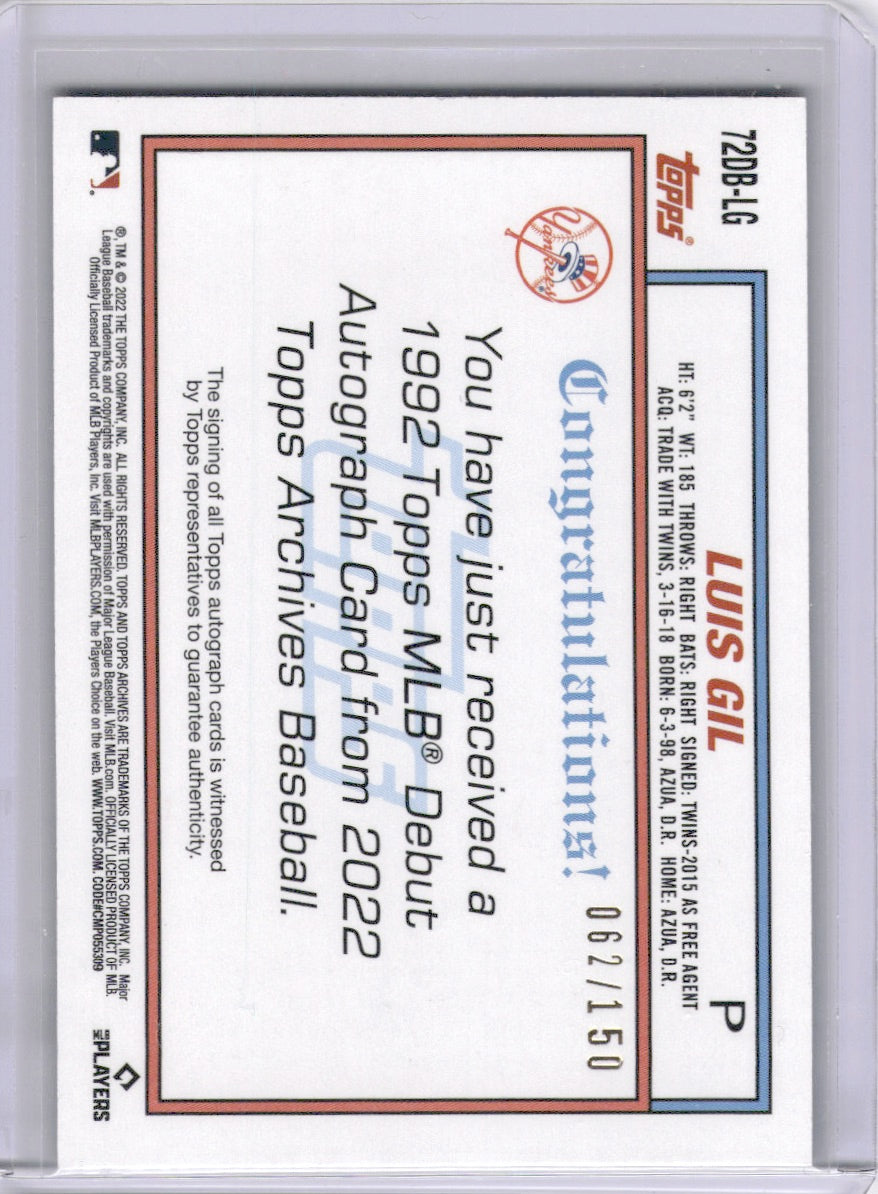 Luis Gil 2022 Topps Archives Blue /150 On Card Auto Yankees