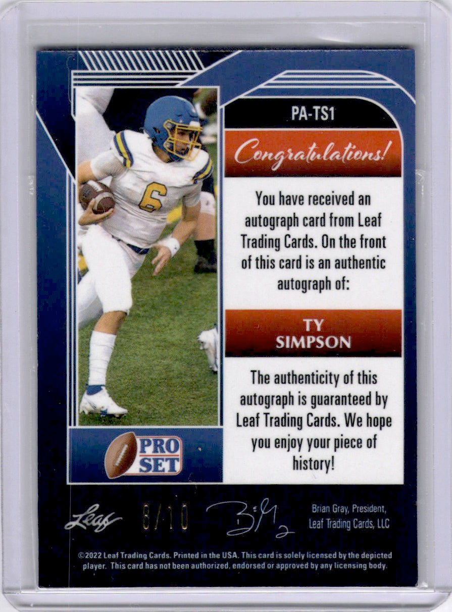 Ty Simpson 2022 Leaf Pro Set Purple Scope Auto /10 Alabama Rams