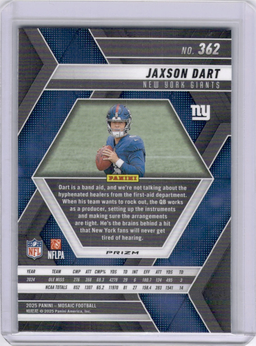 Jaxson Dart 2025 Panini Mosaic Blue Scope Rooke RC Giants