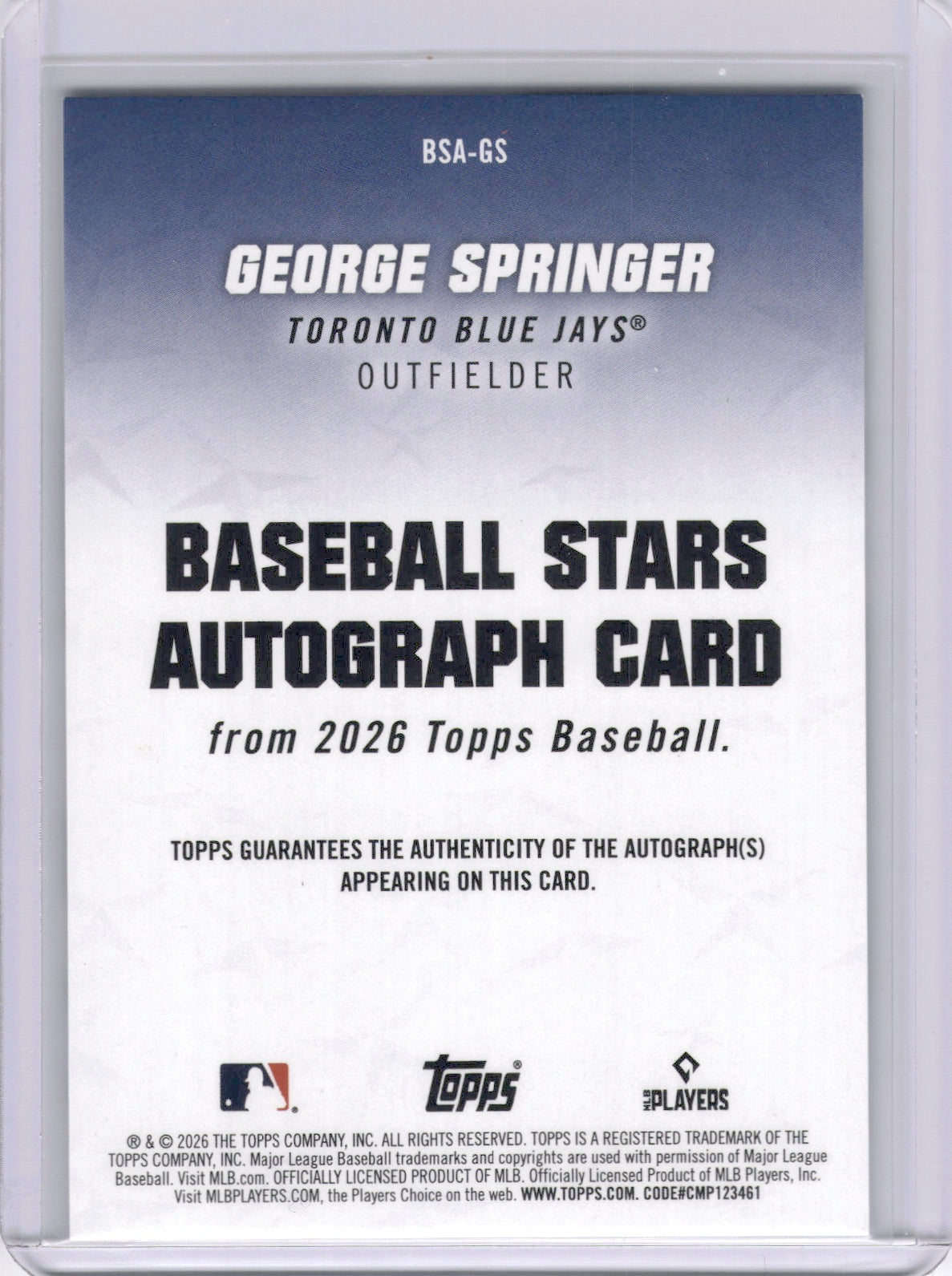 George Springer 2026 Topps Baseball Stars Autograph Blue Jays
