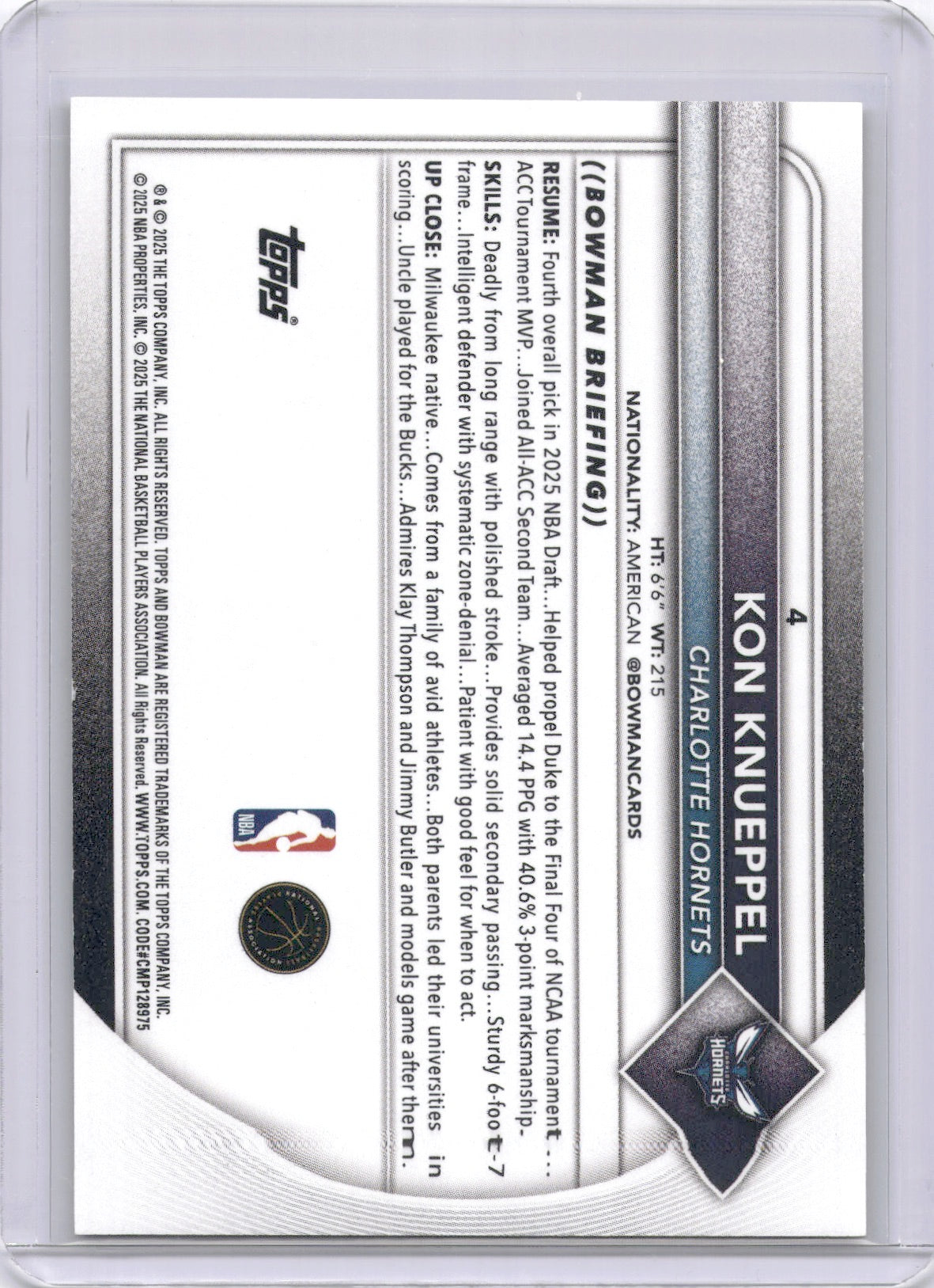 Kon Knueppel 2025-26 Bowman Gold Rookie RC /50 Hornets