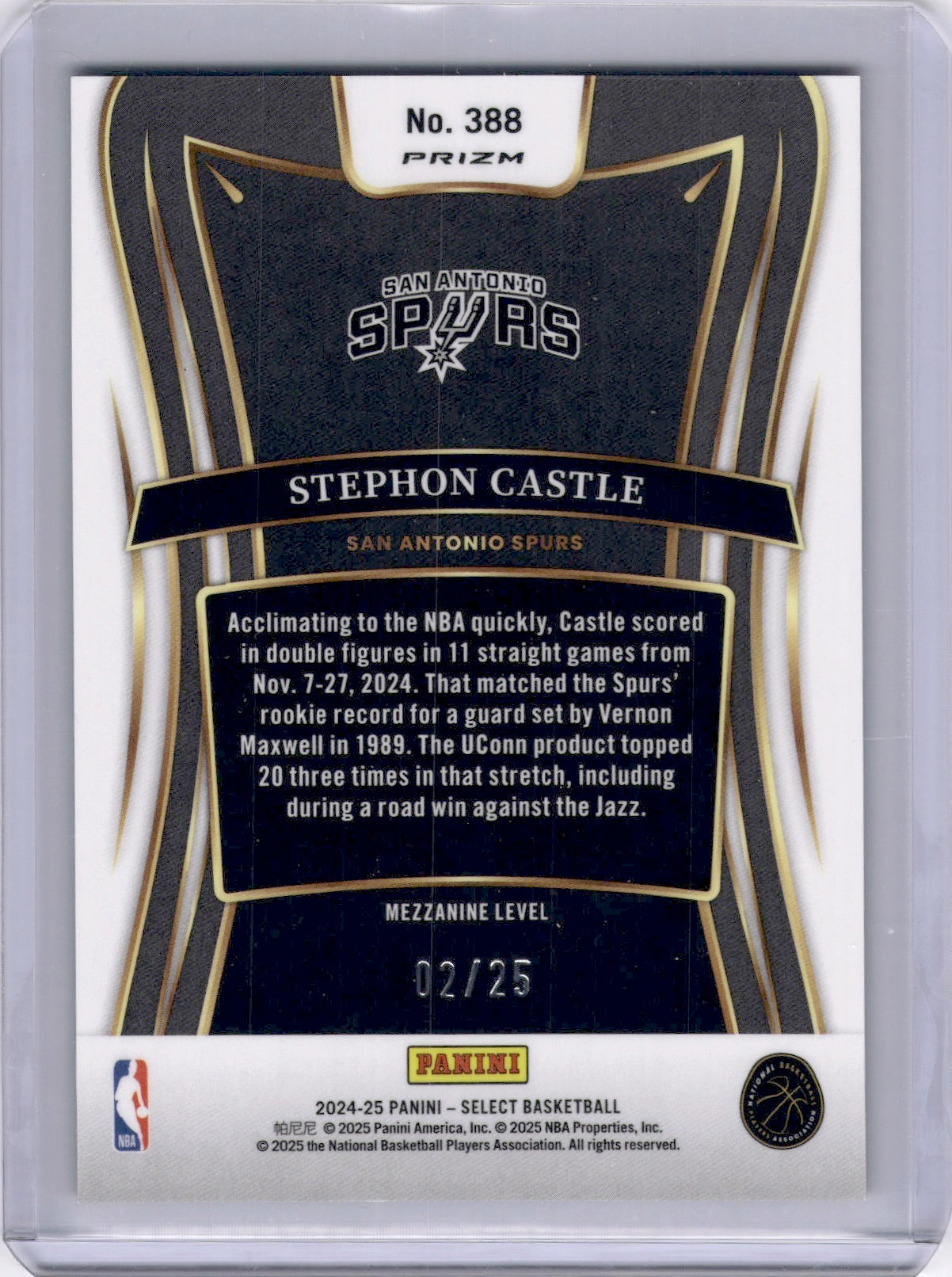 Stephon Castle 2024-25 Panini Select Tie-Dye Rookie RC /25 Spurs
