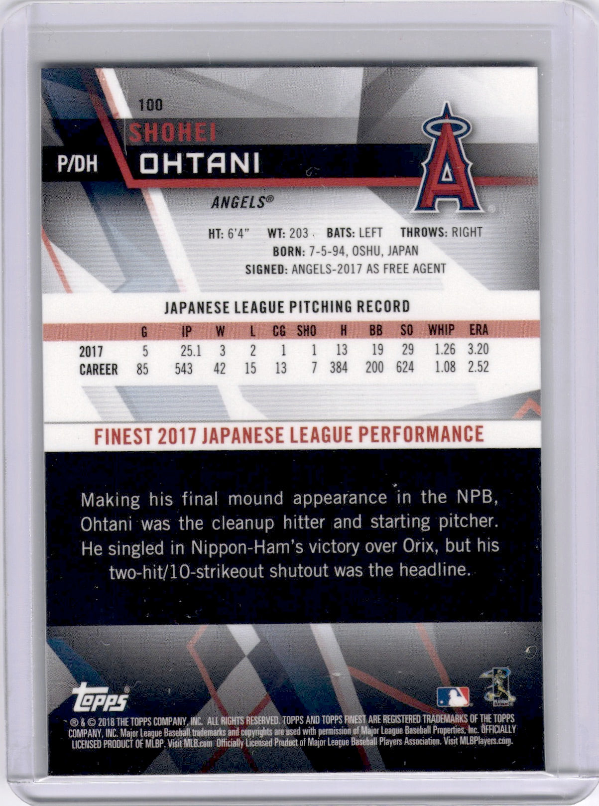 Shohei Ohtani 2018 Topps Finest Rookie RC Angels Dodgers