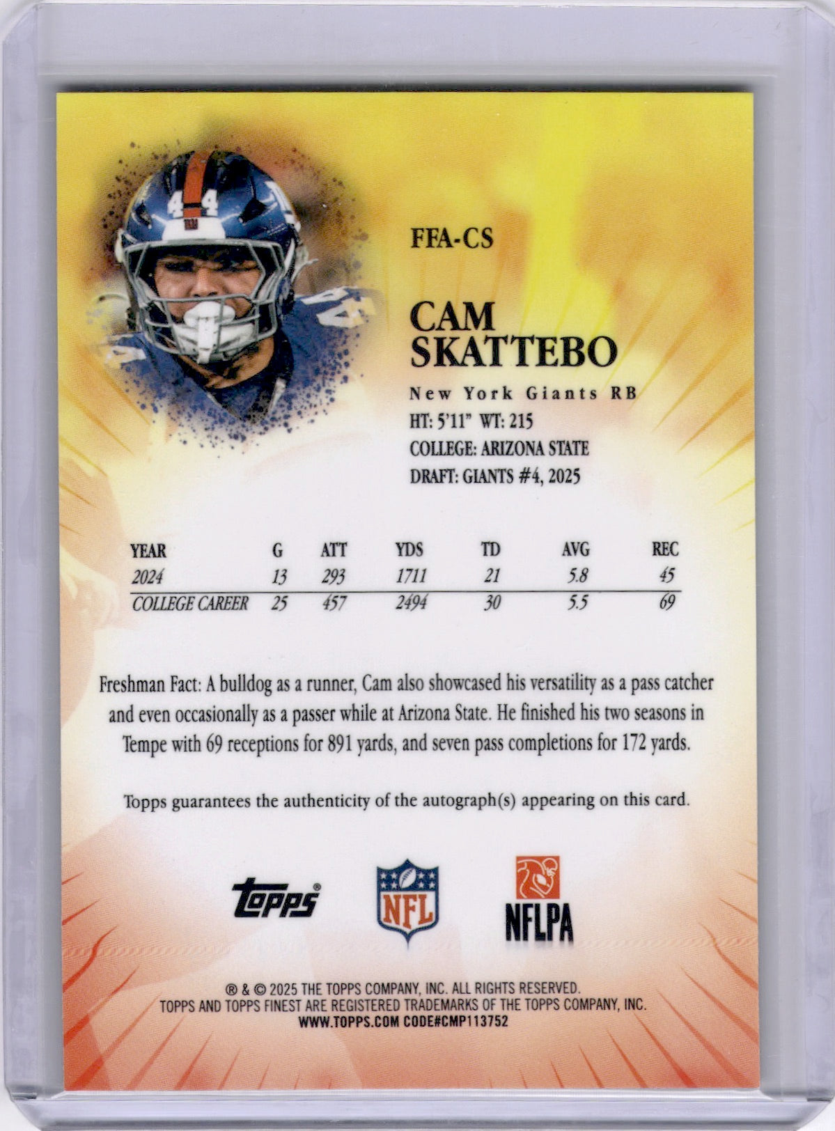 Cam Skattebo 2025 Topps Finest Freshman Gold Geometric Rookie RC /50 Auto Giants