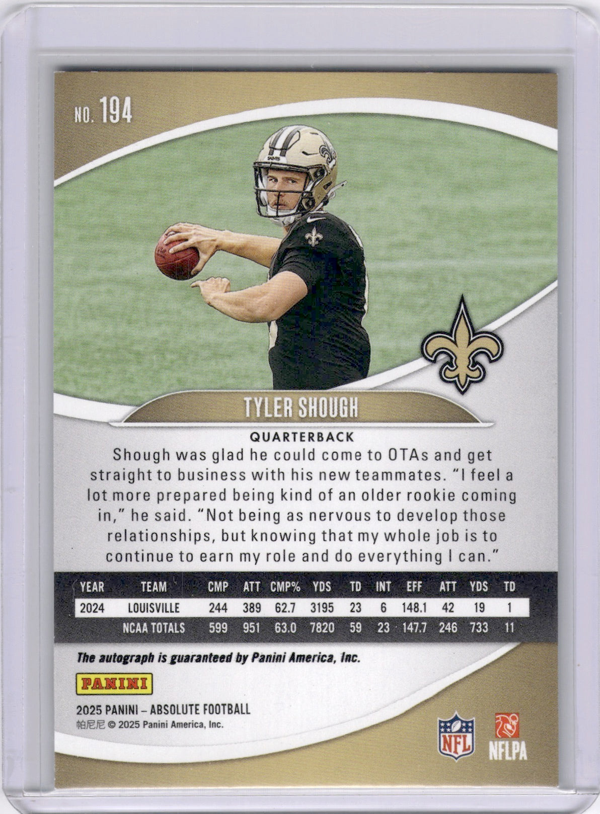Tyler Shough 2025 Panini Absolute Rooki RC Auto Saints