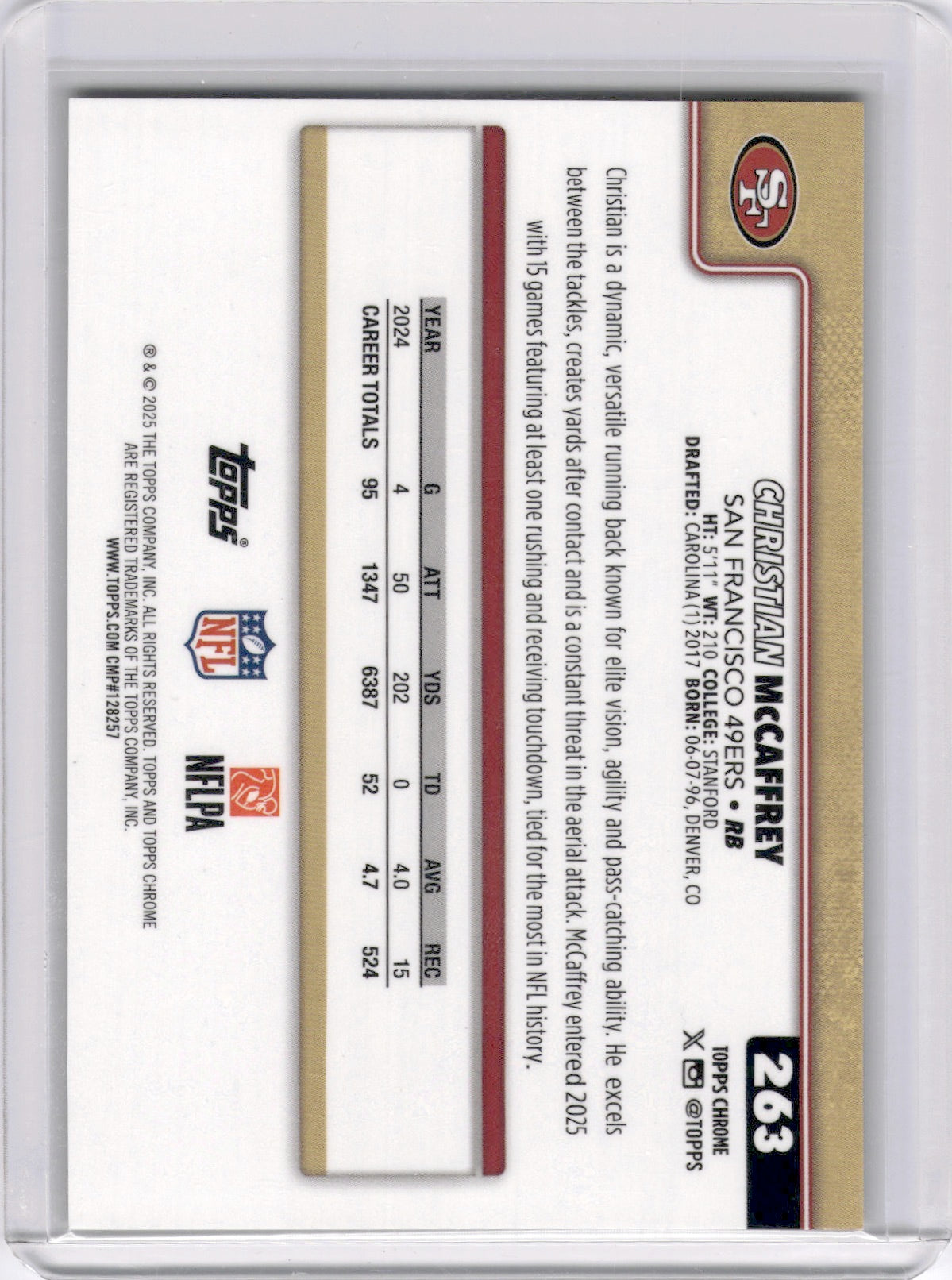 Christian McCaffrey 2025 Topps Chrome /50 Gold Football Refractor 49ers