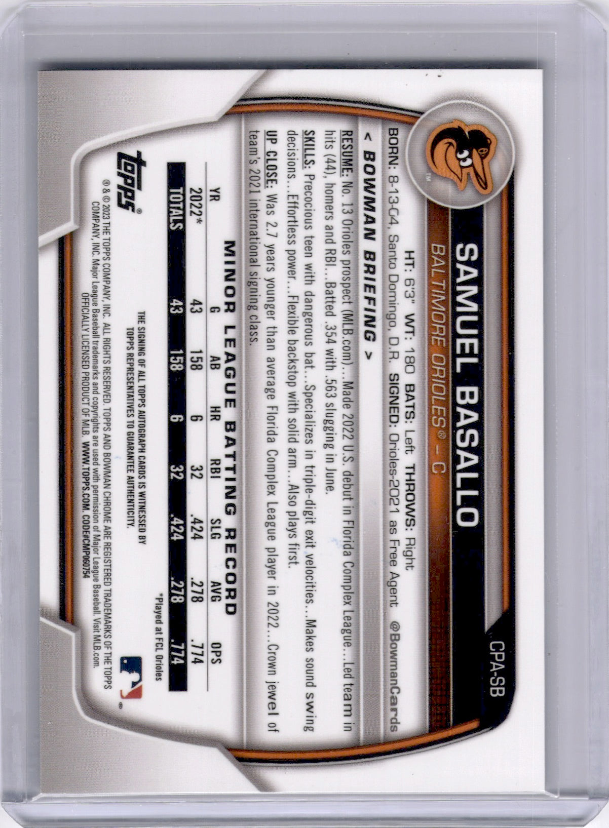Samuel Basallo 2023 Bowman Chrome 1st On Card Auto Orioles