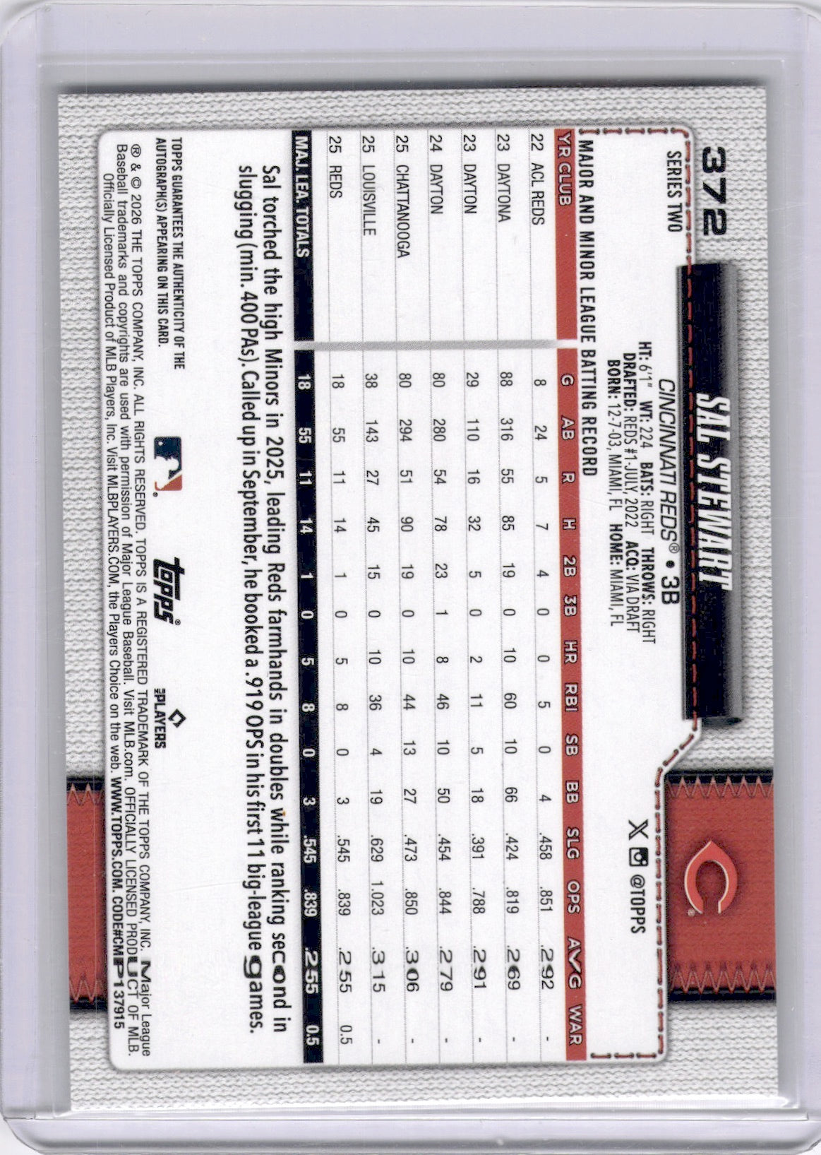 Sal Stewart 2026 Topps Series Two Rookie RC On Card Auto Reds