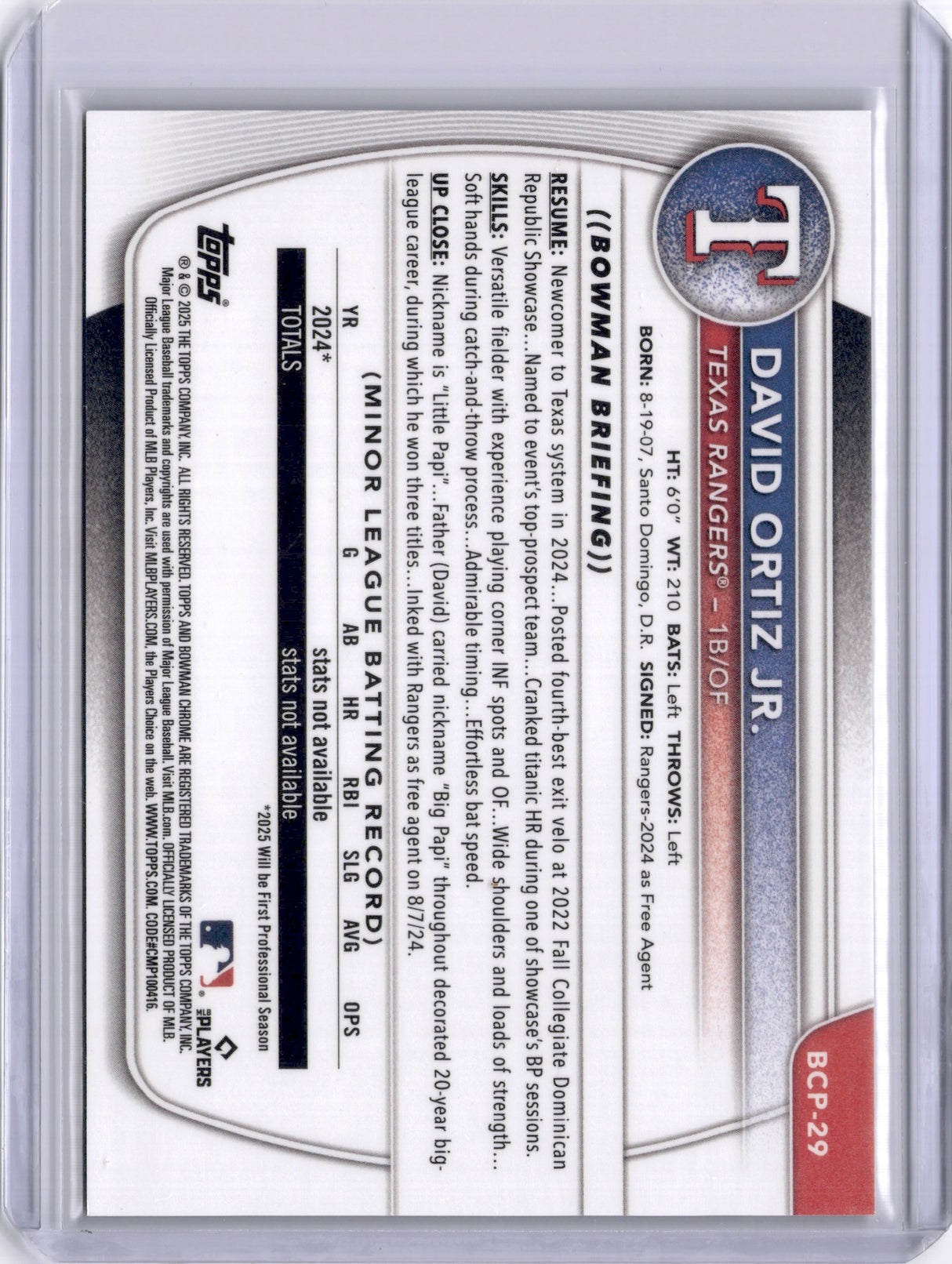 David Ortiz Jr. 2025 Bowman Chrome Purple Pattern /199 Rangers