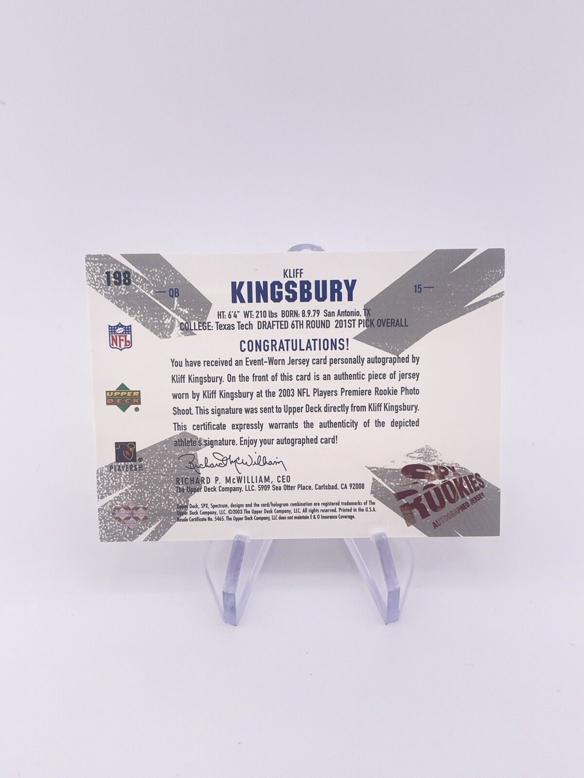 KILFF KINGSBURY 2003 SPX RPA JERSEY PATCH AUTO AUTOGRAPH /1100 Commanders Upper