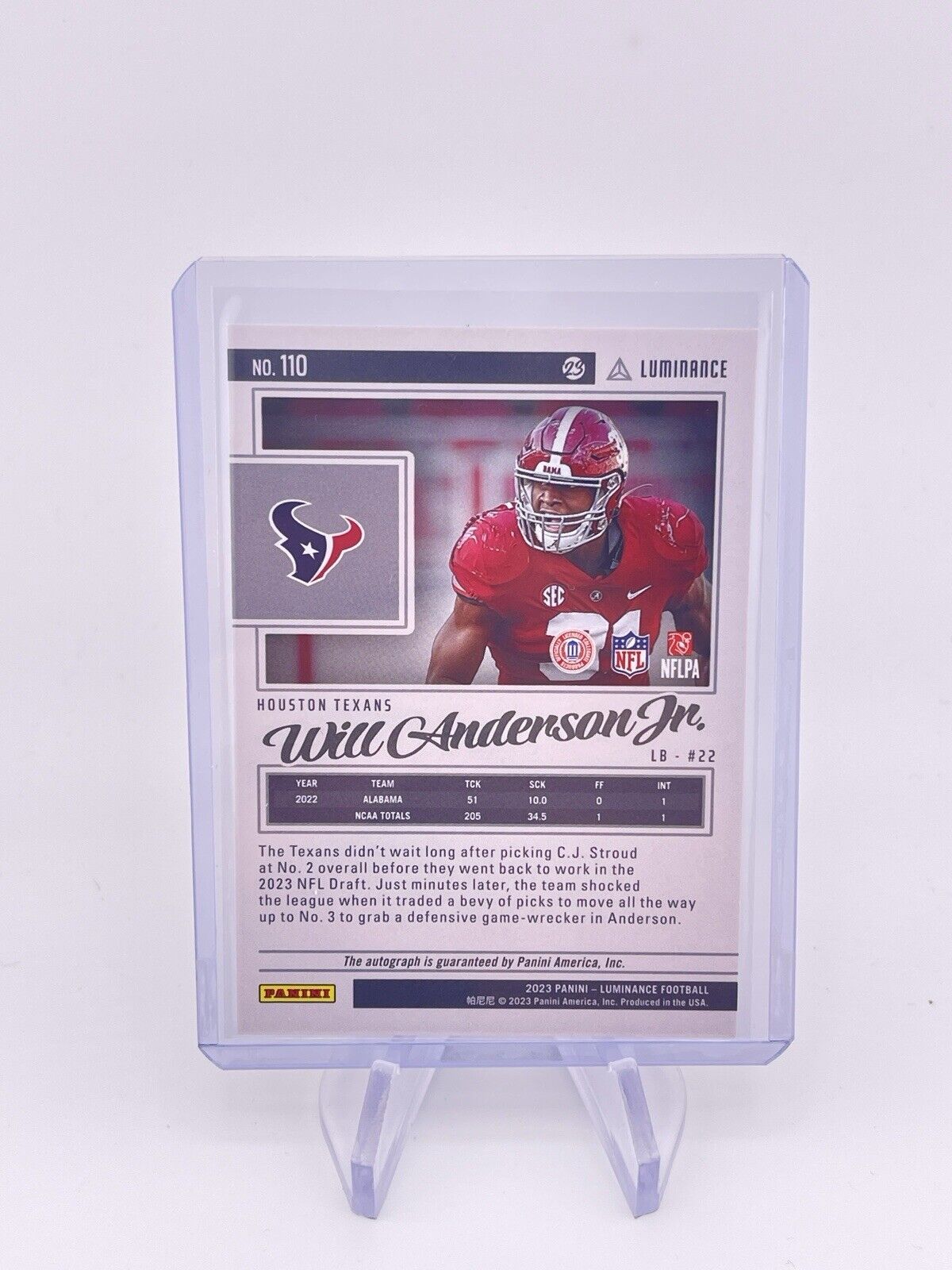 WILL ANDERSON JR 2023 LUMINANCE AUTO AUTOGRAPH ROOKIE RC /25 Texans