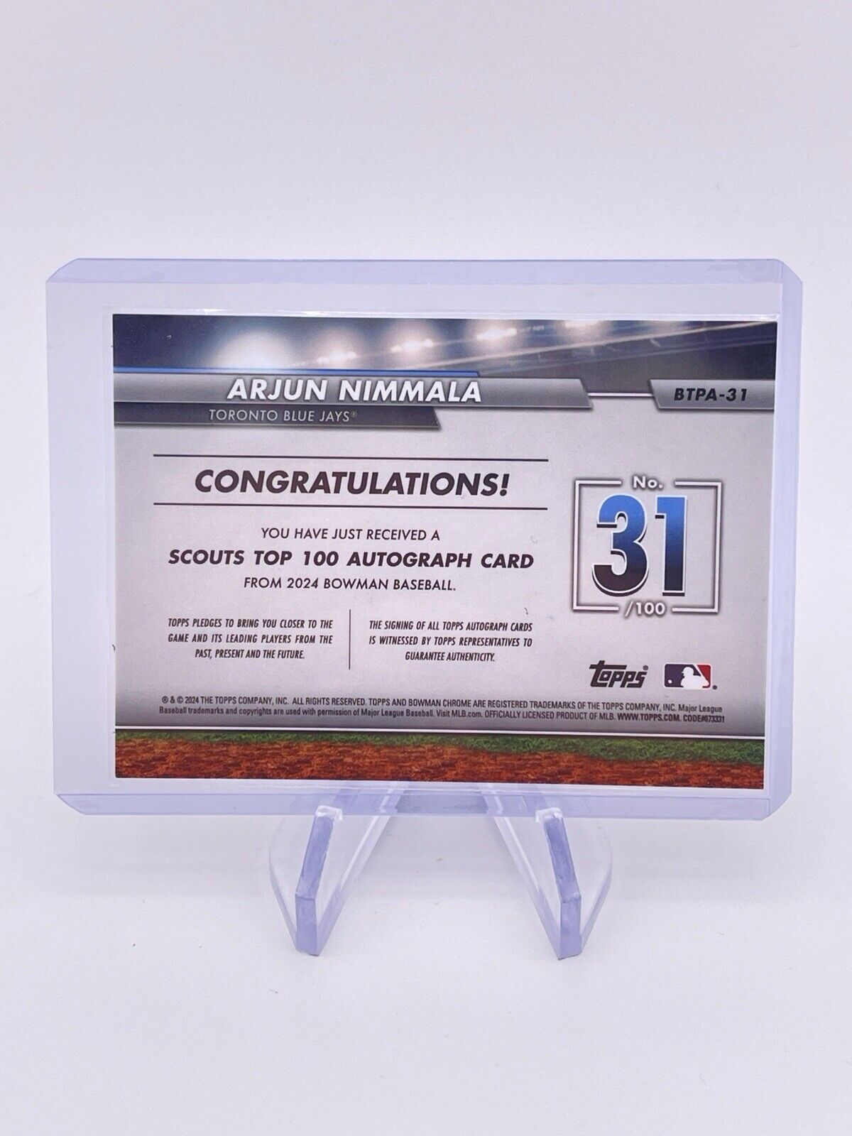 ARJUN NIMMALA 2024 BOWMAN CHROME REFRACTOR /99 Auto Autograph TOP 100 Signature