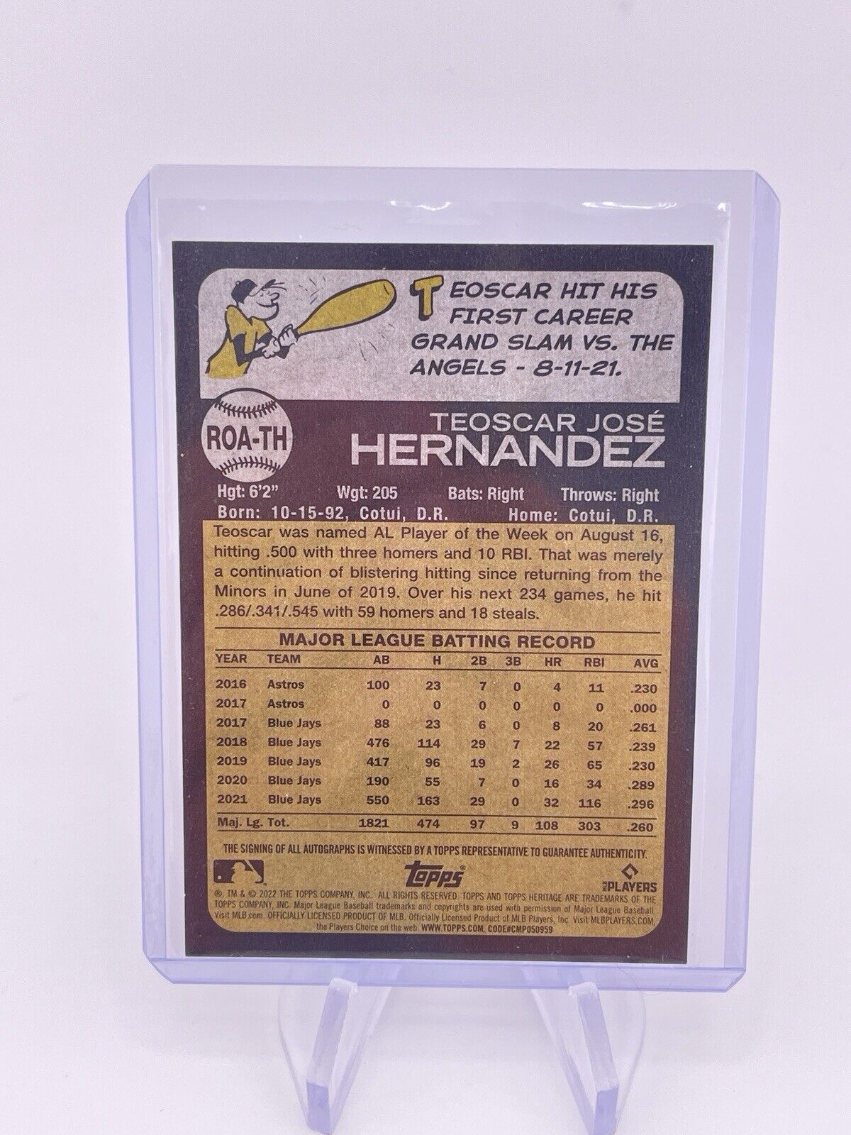 TEOSCAR JOSE HERNANDEZ 2022 TOPPS HERITAGE AUTO AUTOGRAPH ON CARD Blue jays