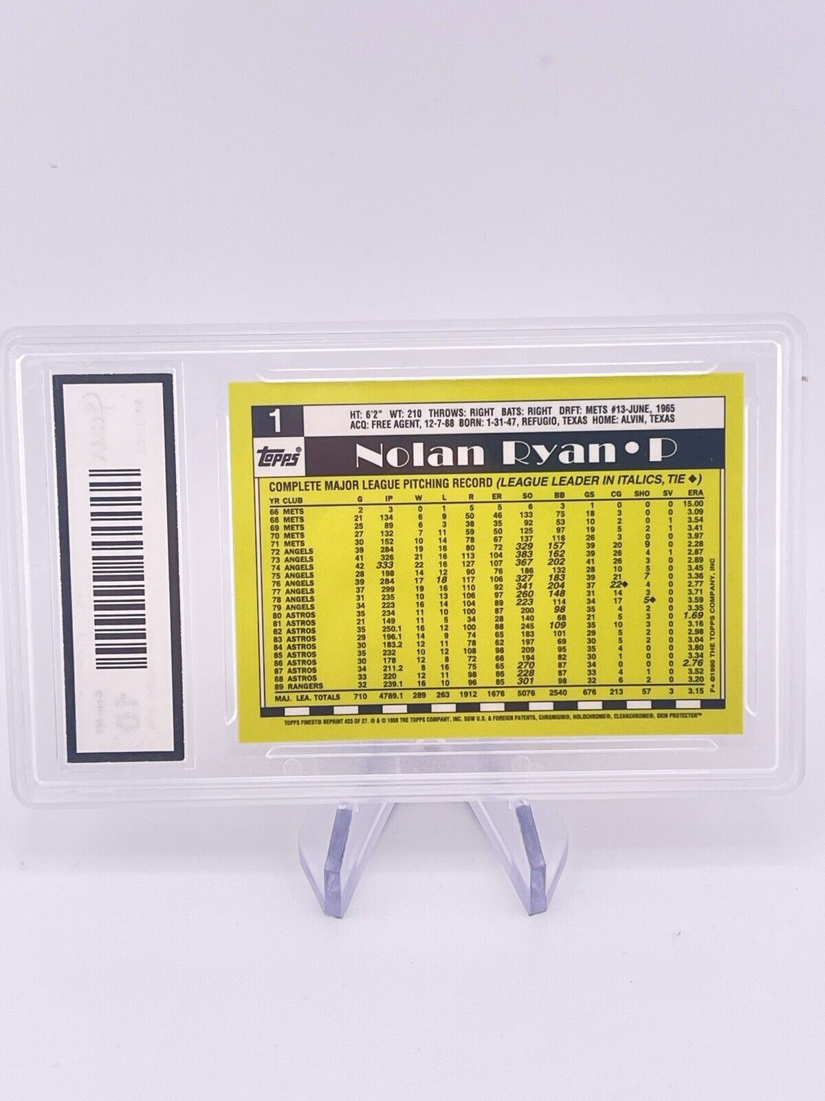 NOLAN RYAN 1998 TOPPS FINEST 1990 REPRINT GMA 10 GEM MINT 10 Rangers