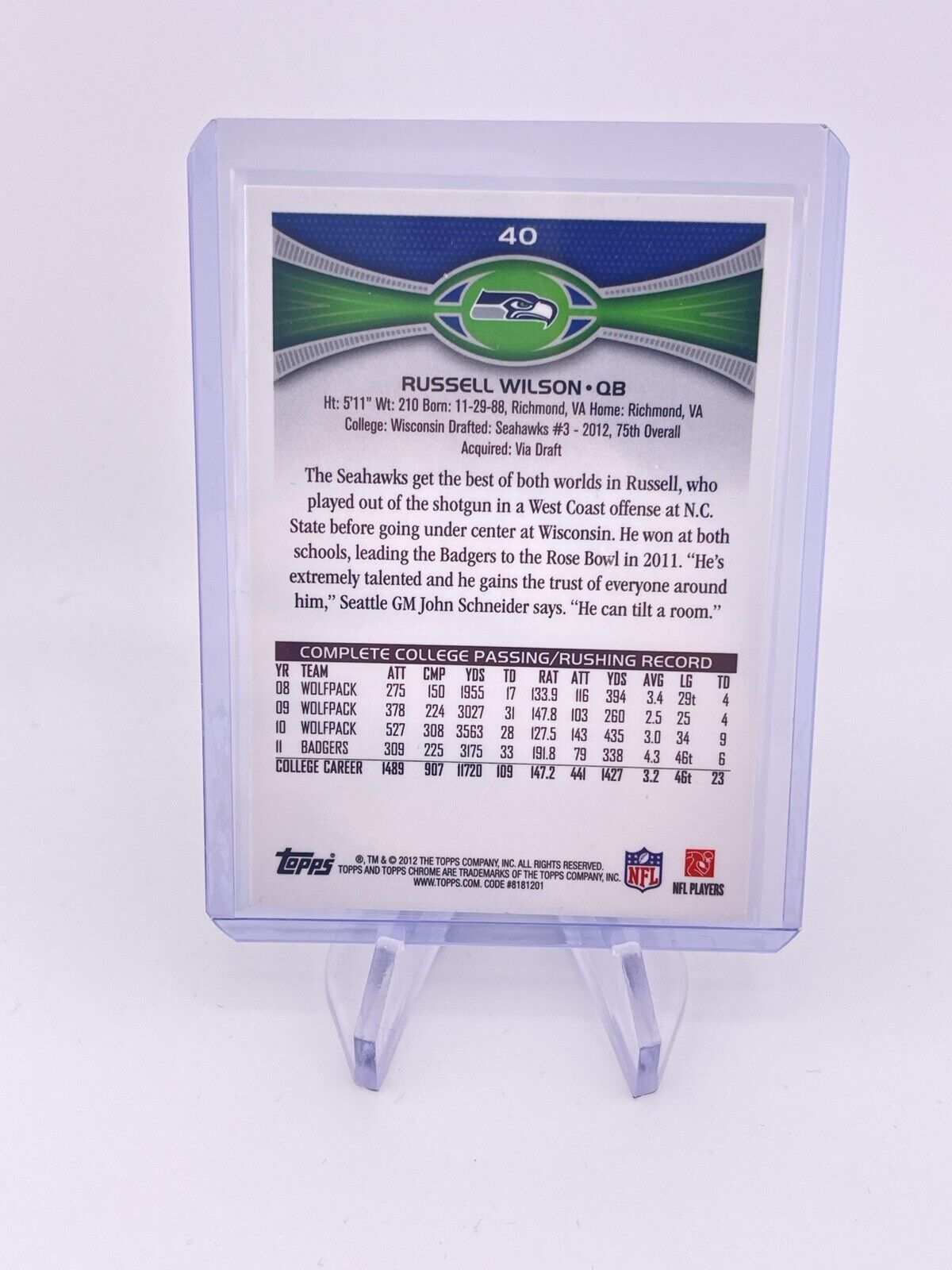 RUSSELL WILSON 2012 TOPPS CHROME ROOKIE RC STEELERS