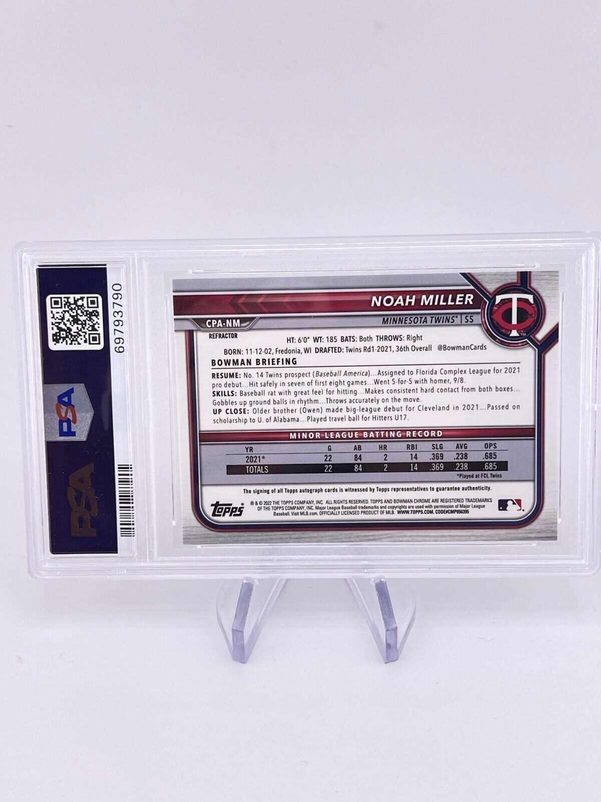 Noah Miller 2022 Bowman Chrome 1st Refractor /499 Auto autograph PSA 9 Twins