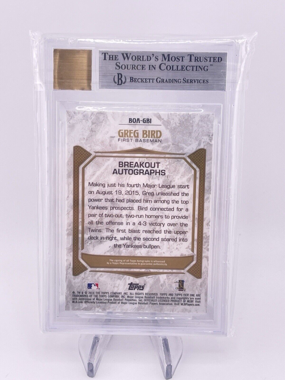 Greg Bird 2016 Topps Tier One Auto Autograph Silver Ink BGS 9 Rookie RC