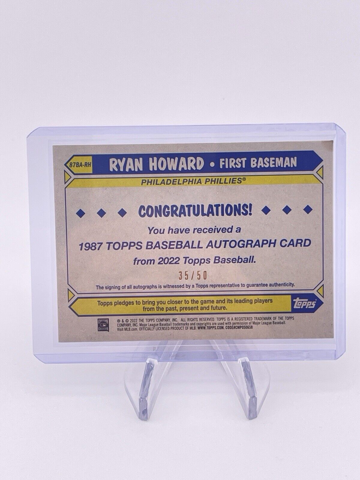 Ryan Howard 2022 Topps 1987 35th Anniversary Auto Autograph Signature /50