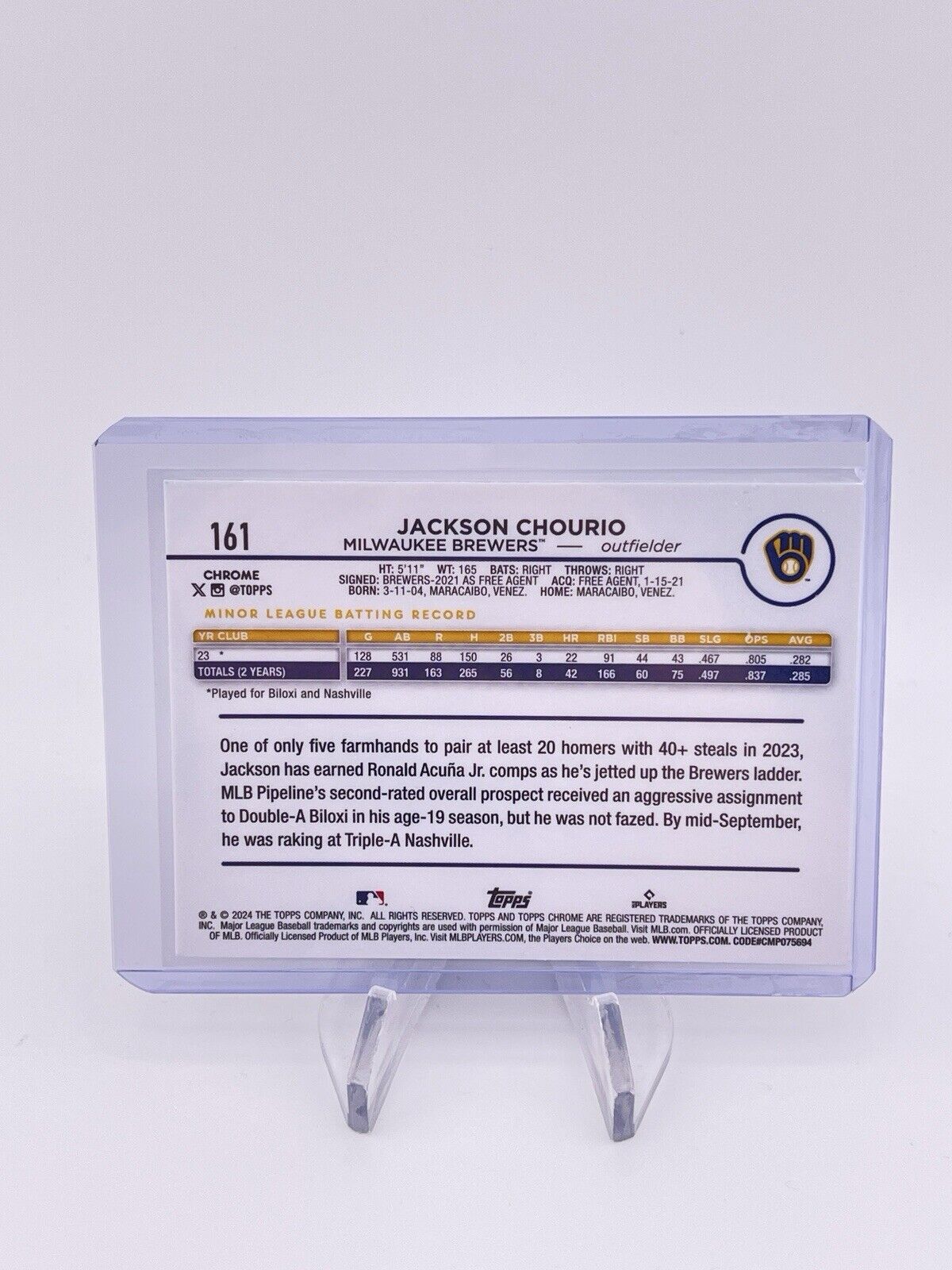 Jackson Chourio 2024 Topps Chrome Prism Refractor RC Rookie Brewers