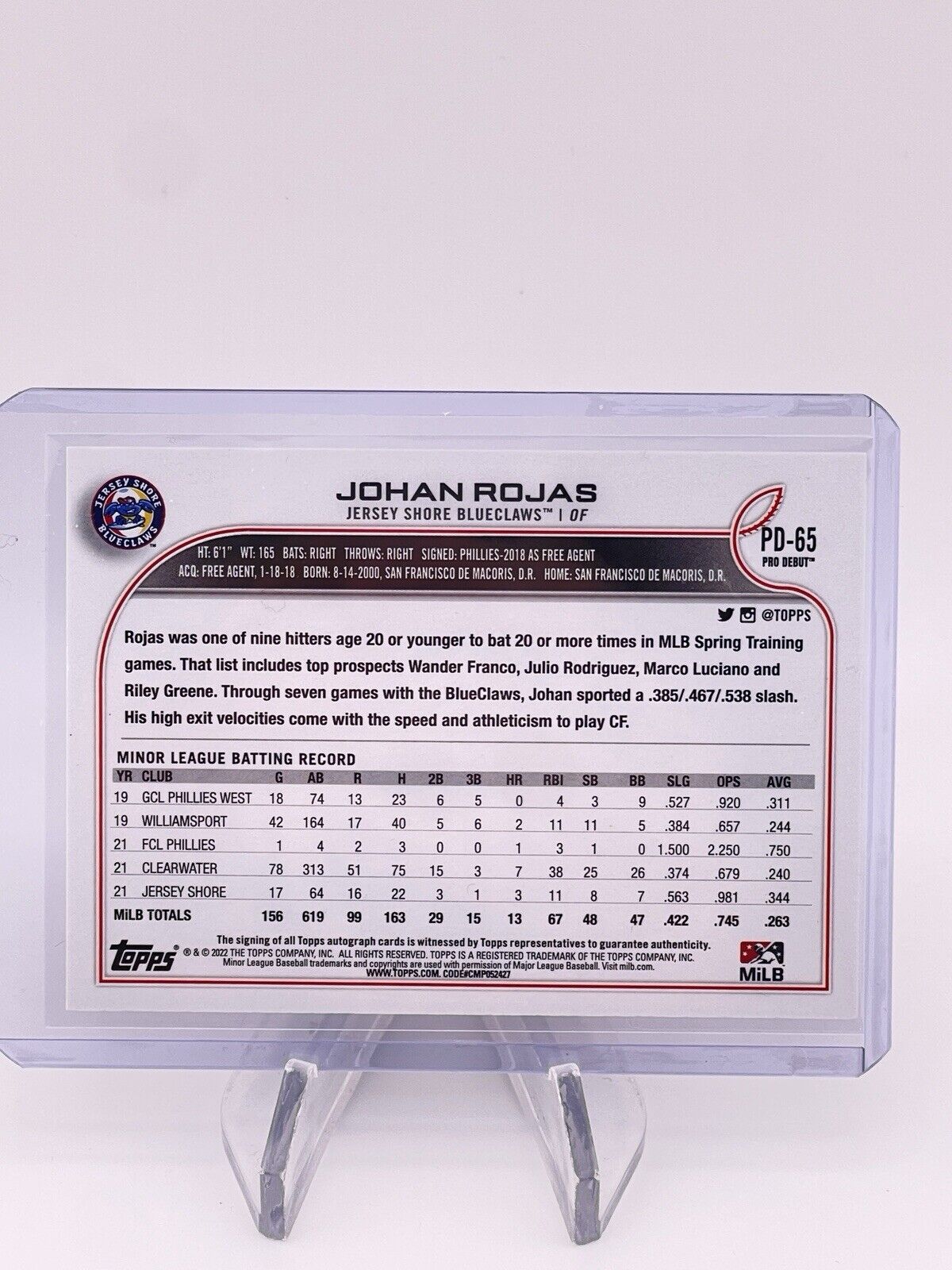 Johan Rojas 2022 Topps Pro Debut Auto Autograph Signature