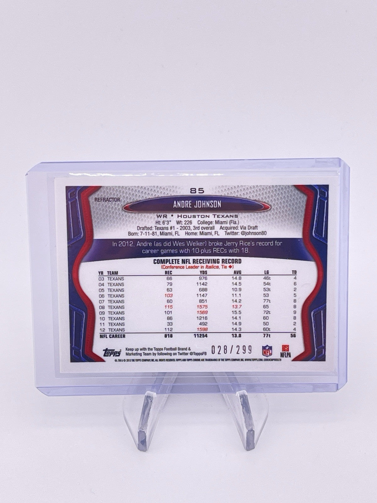 Andre Johnson 2013 Topps Chrome Black Refractor /299 Texans HOF
