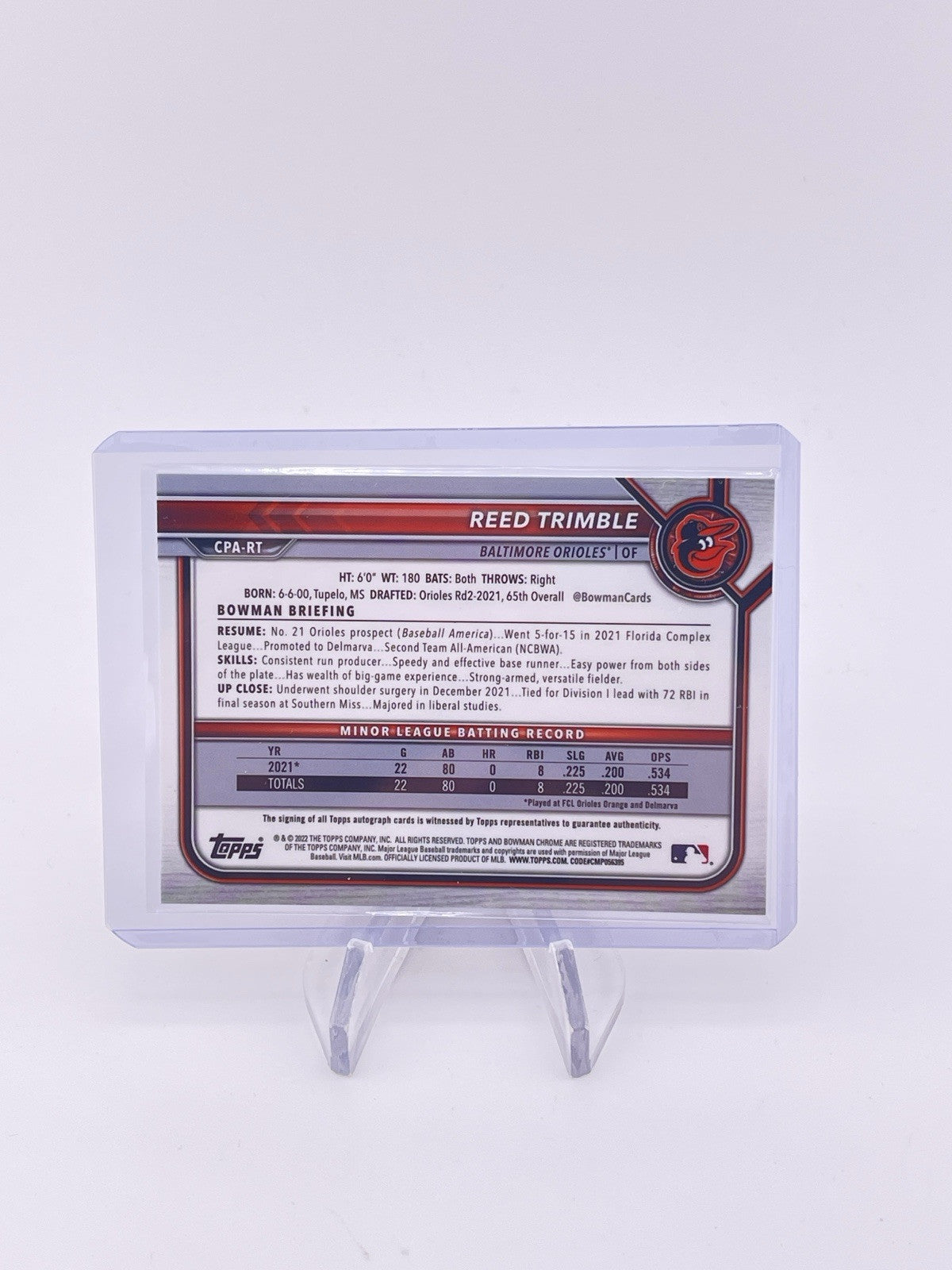 REED TRIMBLE 2022 Bowman Chrome Gold /50 Orioles Auto Autograph Signature