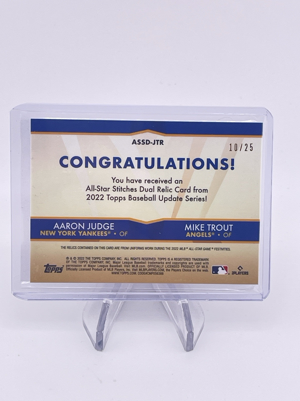 Aaron Judge Mike Trout 2022 Topps Update All Star Game Worn Jersey Patch /25