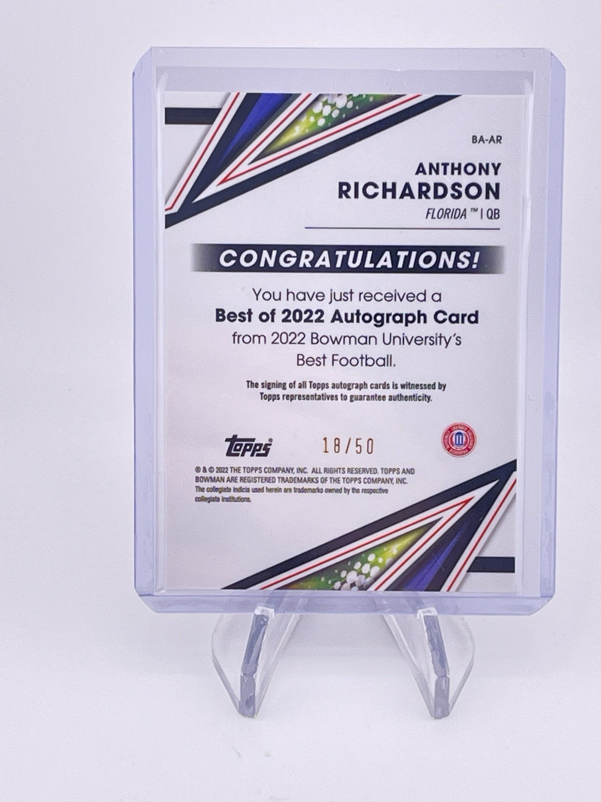 Anthony Richardson 2022 Bowman U Best Chrome Gold /50 Auto Autograph Refractor